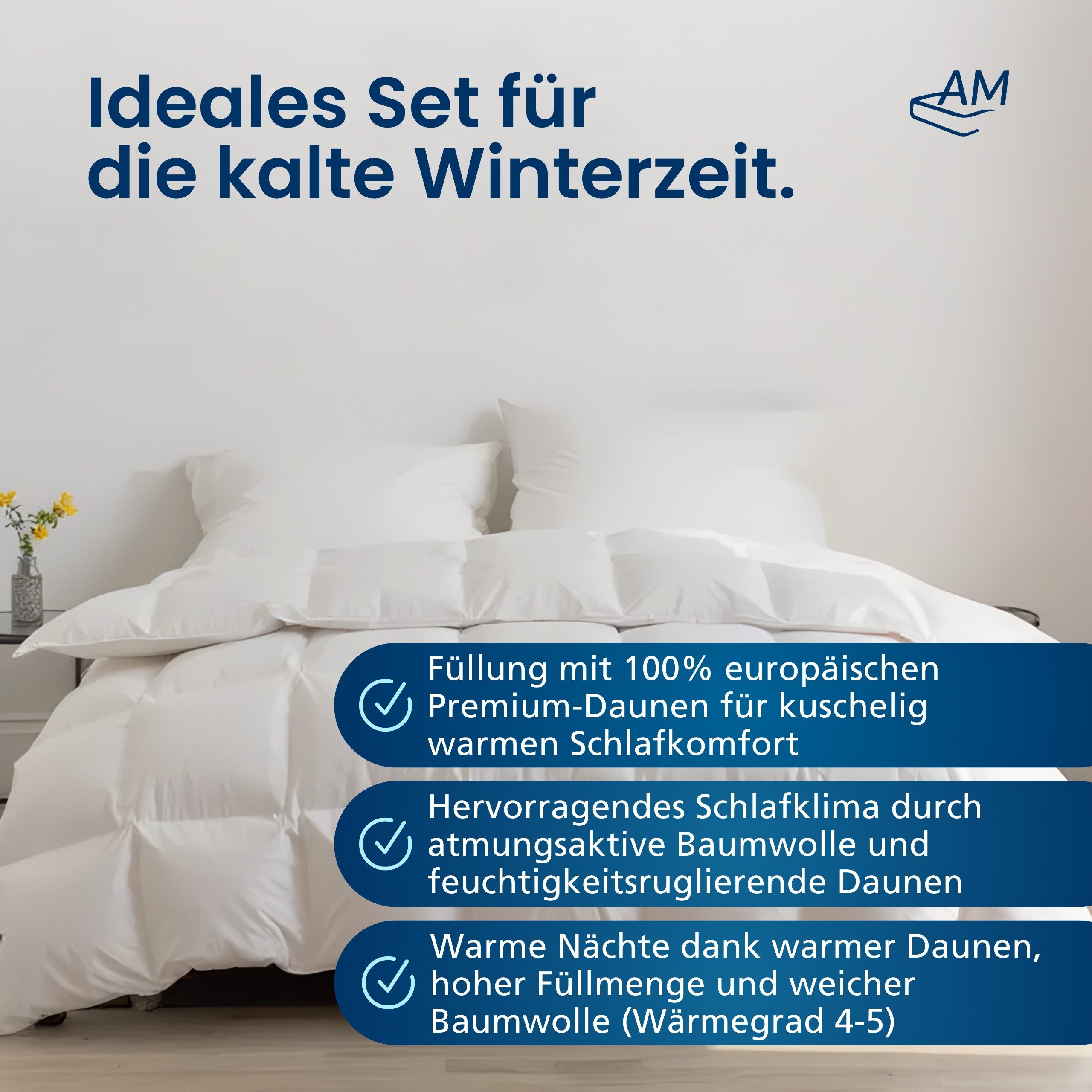 DormiGood Daunenbettdecke + Daunenkissen Set, Premium Bettdecke + 3 Kammer Kopfkissen, Warm für den Winter, 220x240cm, Winter