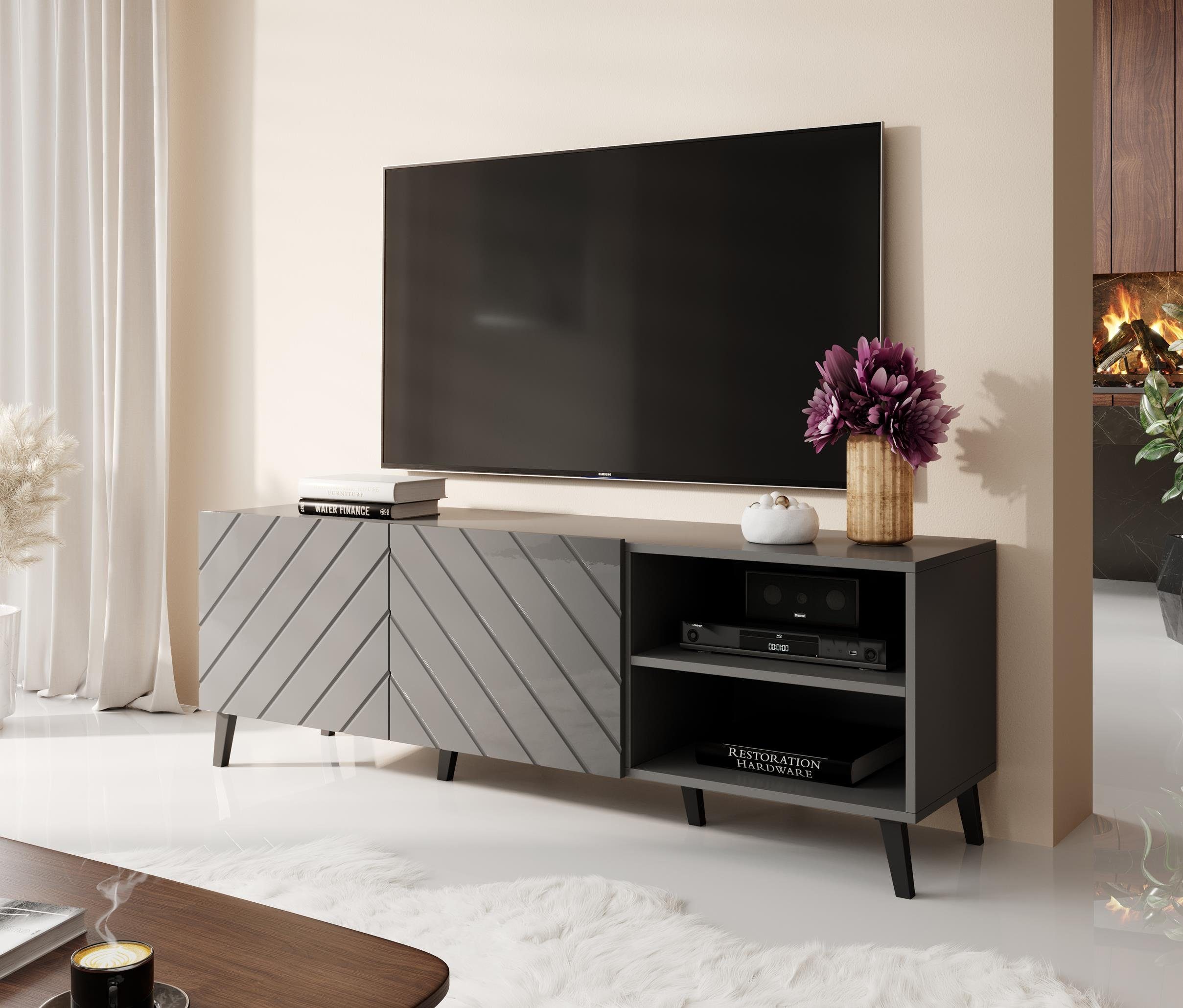 Furnix TV-Schrank ODELIA 150 Lowboard Fernsehschrank mit Ziertüren Auswahl B150 bzw. 200 x H52 x T41,6 cm Graphit Glanz