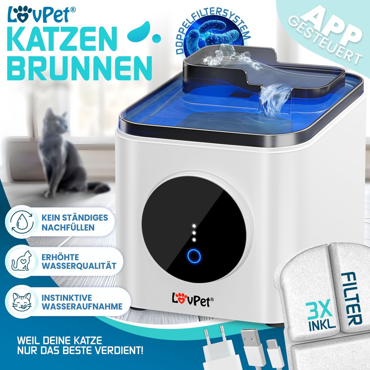Lovpet Trinkbrunnen für Katzen & Haustiere Wasserspender über App Steuerung günstig online kaufen