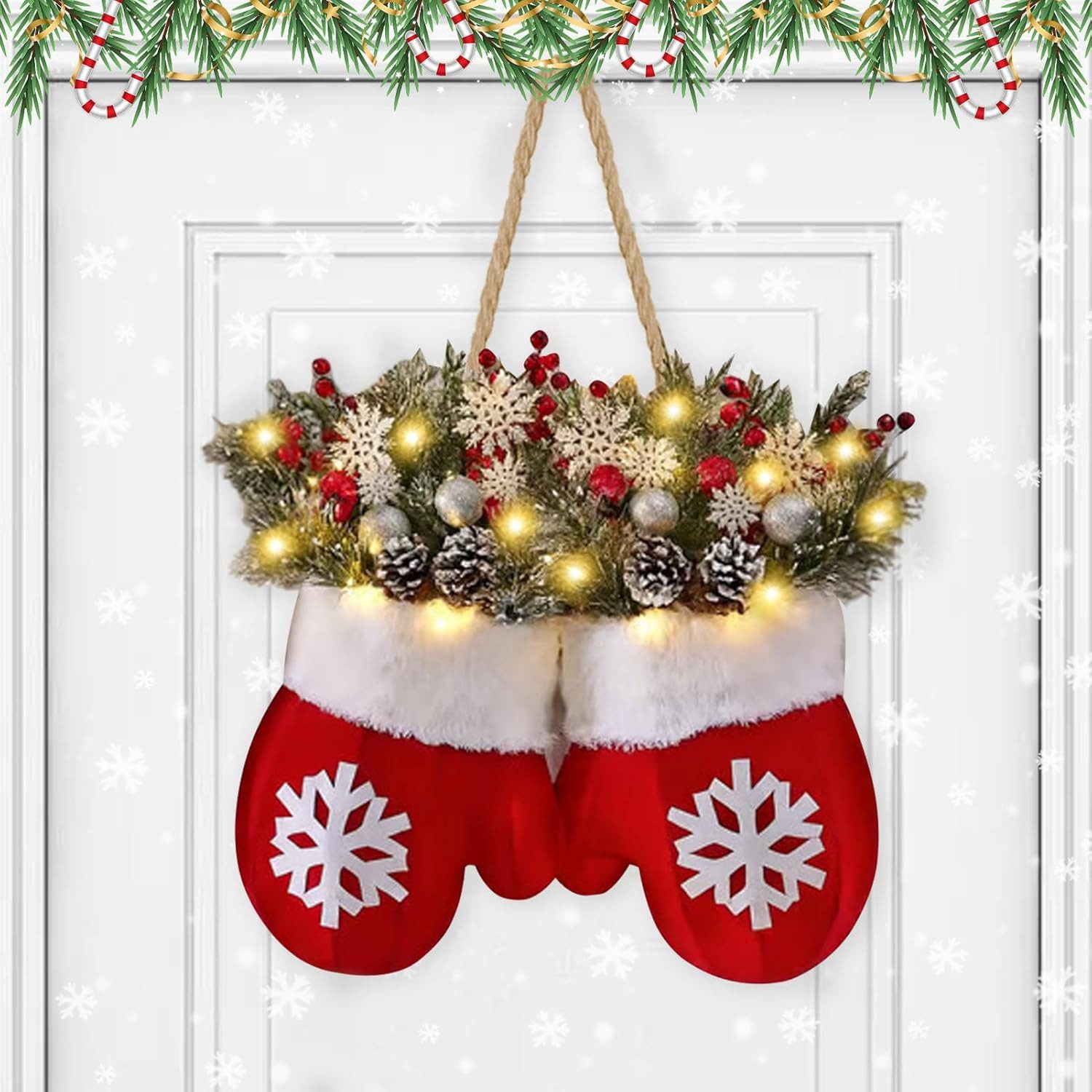 Kunstkranz Türkranz Weihnachten Beleuchtet, Hängende LED Weihnachtsdeko Haustür, Mrilary, für Haustür, Fenster, Wand Hängende Deko