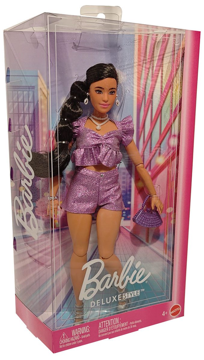 Barbie Stehpuppe Barbie Deluxe Style Puppe mit glitzerndem Top, Shorts lila, High Heels