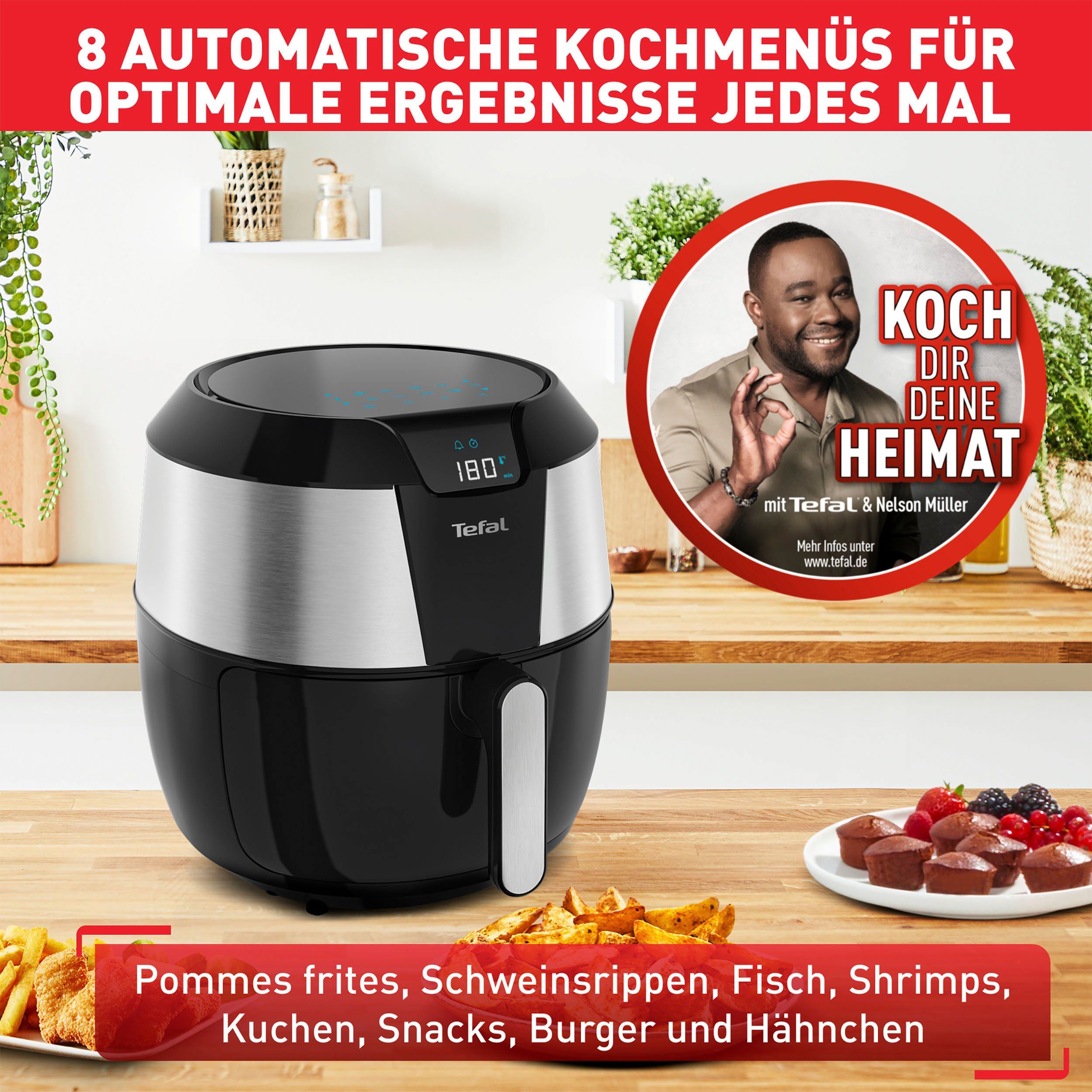 Tefal Heißluftfritteuse EY701D.HERO Easy XXL 1850 Menüs Zubehör-Set, Timer, automatische 1,6 kg, Fassungsvermögen W, Fry 8 mit