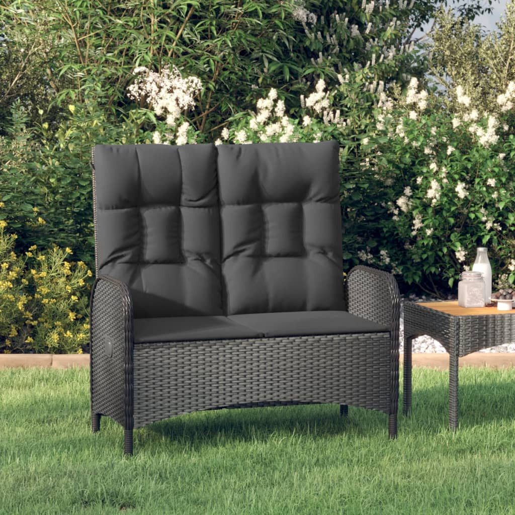 furnicato Gartenbank Garten-Relaxbank Schwarz 107x62,5x109 cm mit Liegefunktion, Wetterbeständige Sitzbank mit Kissen und verstellbarer Rückenlehne