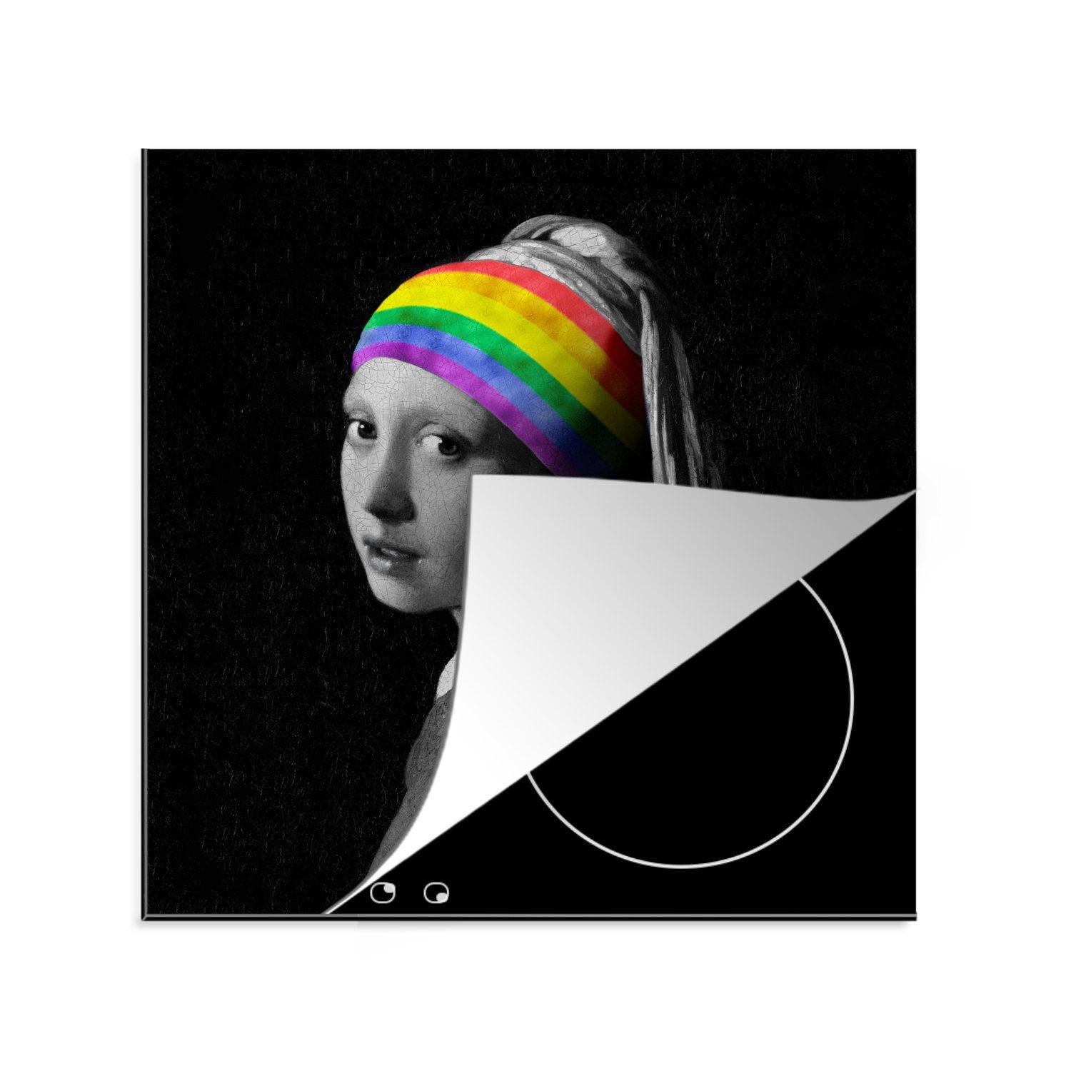 MuchoWow Herdblende-/Abdeckplatte Das Mädchen mit dem Perlenohrring - Vermeer - Regenbogen, Vinyl, (1 tlg), 78x78 cm, Ceranfeldabdeckung, Arbeitsplatte für küche