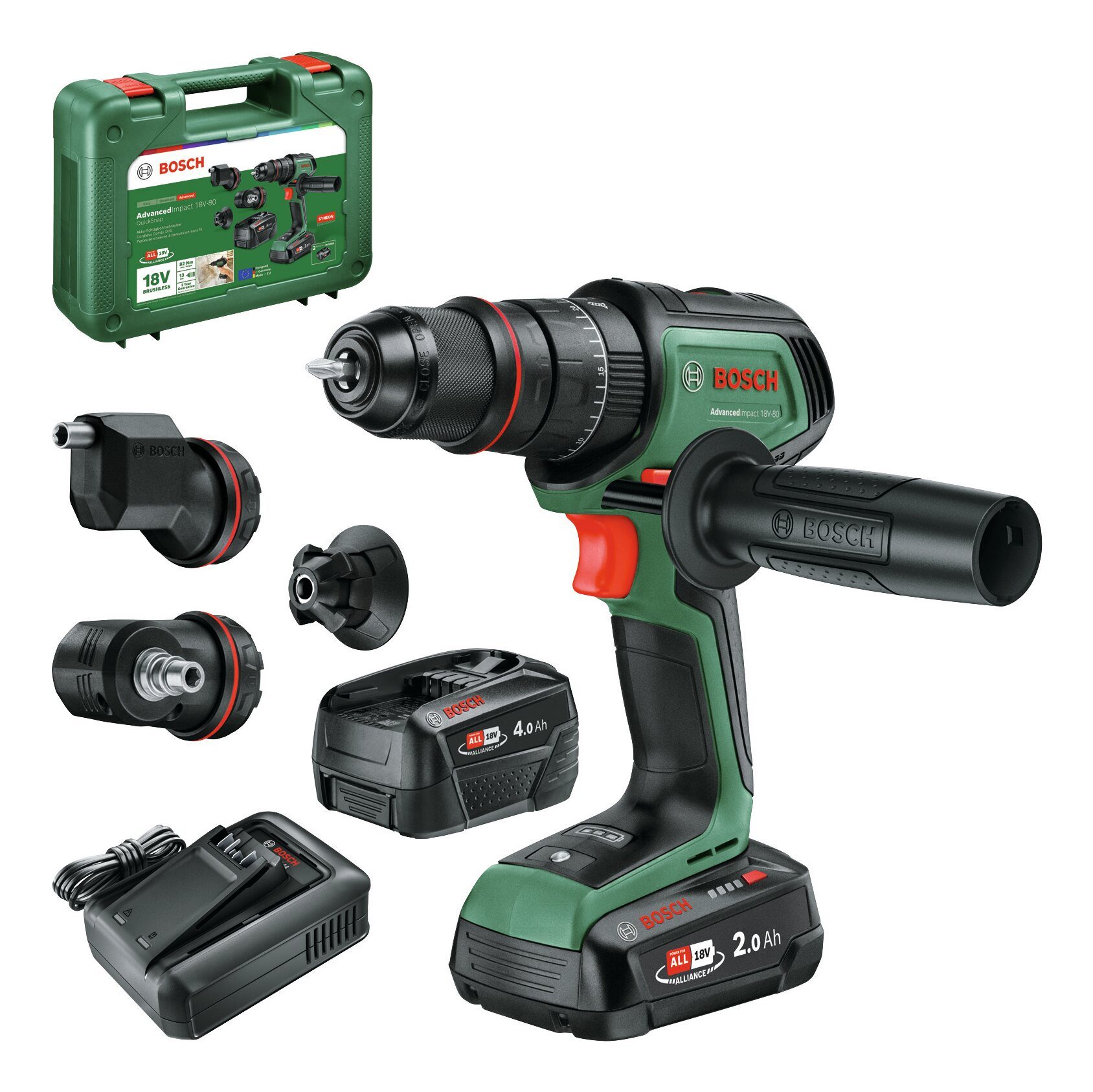 BOSCH Akku-Schlagbohrschrauber AdvancedImpact 18V-80, 18 V, max. 500 U/min, Schlagbohrmaschine QuickSnap mit 2x Akku 2 Ah/4 Ah - im Tragekoffer