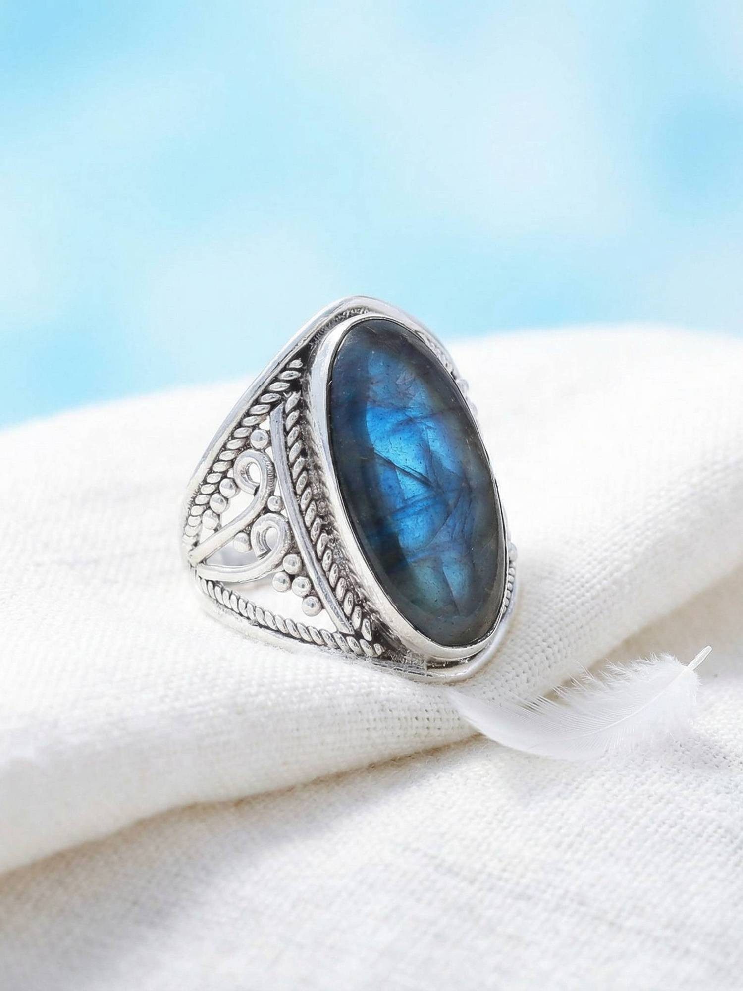 mantraroma Silberring DAHAB oval groß aus 925 Silber mit Labradorit (Ring mit Schmuckbeutel), Damenring aus 925er Silber
