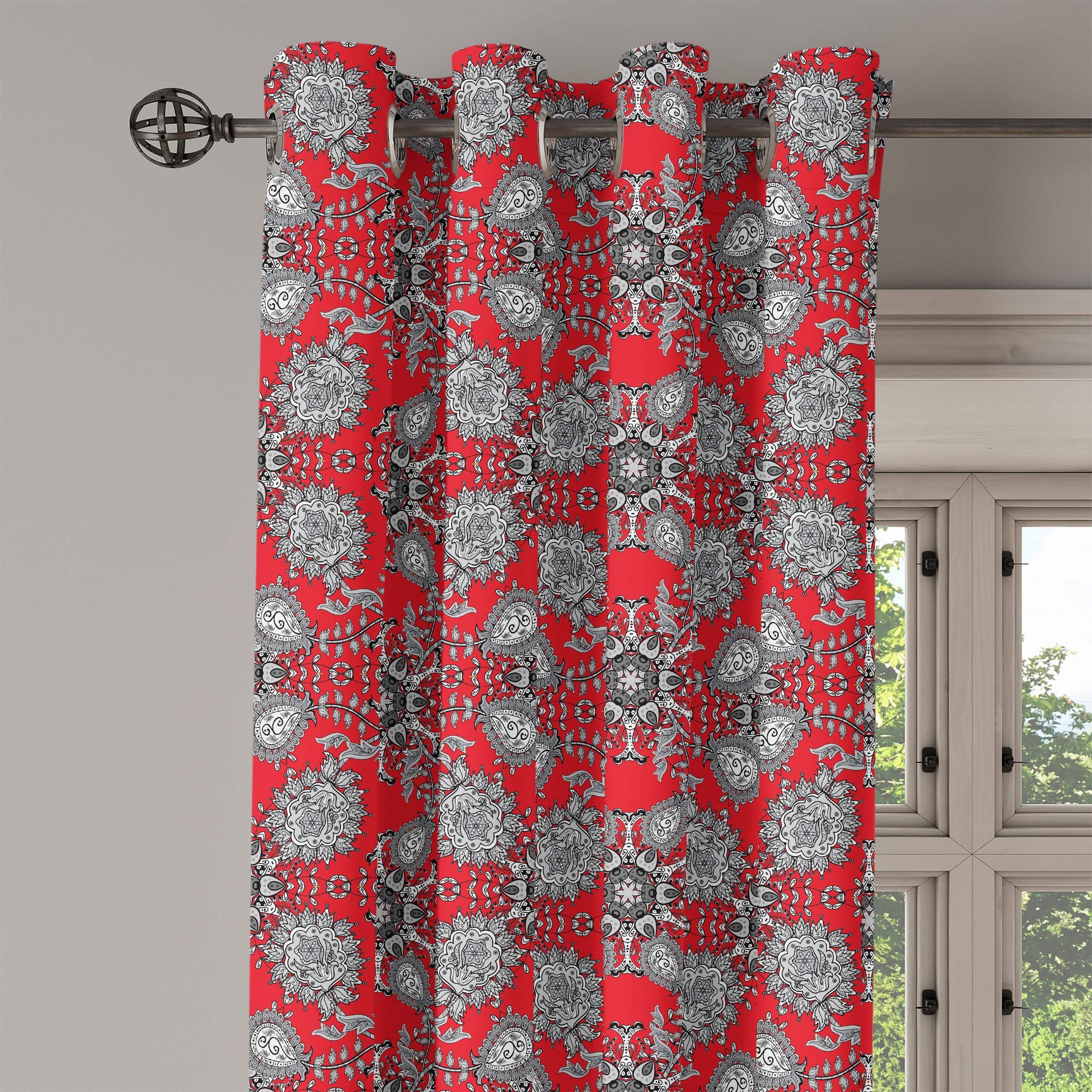 Doodle 2-Panel-Fenstervorhänge Wohnzimmer, Paisley Abakuhaus, Dekorative für Gardine Red Schlafzimmer Mandala