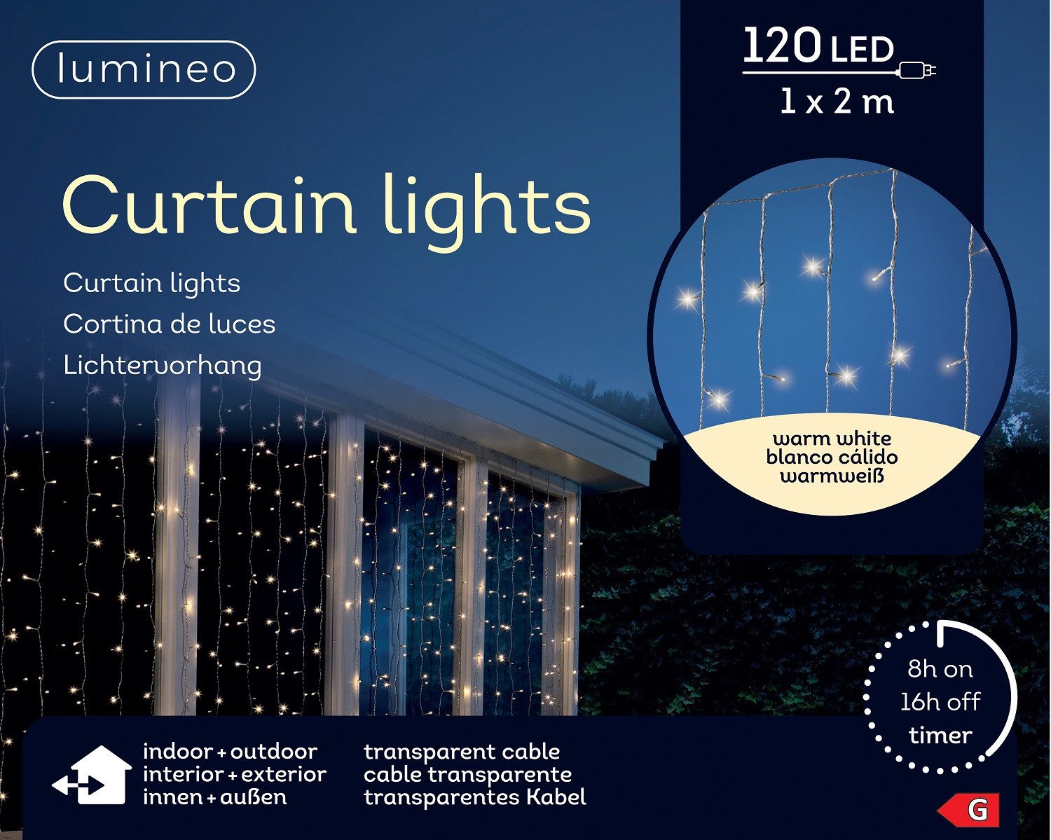 Lumineo Lichtervorhang Lumineo Lichtervorhang CURTAIN LIGHTS 120 LED 1x2 m warm weiß, transp., Indoor/Outdoor, 8h-Timer, + 5 m Zuleitung, Lichterkette
