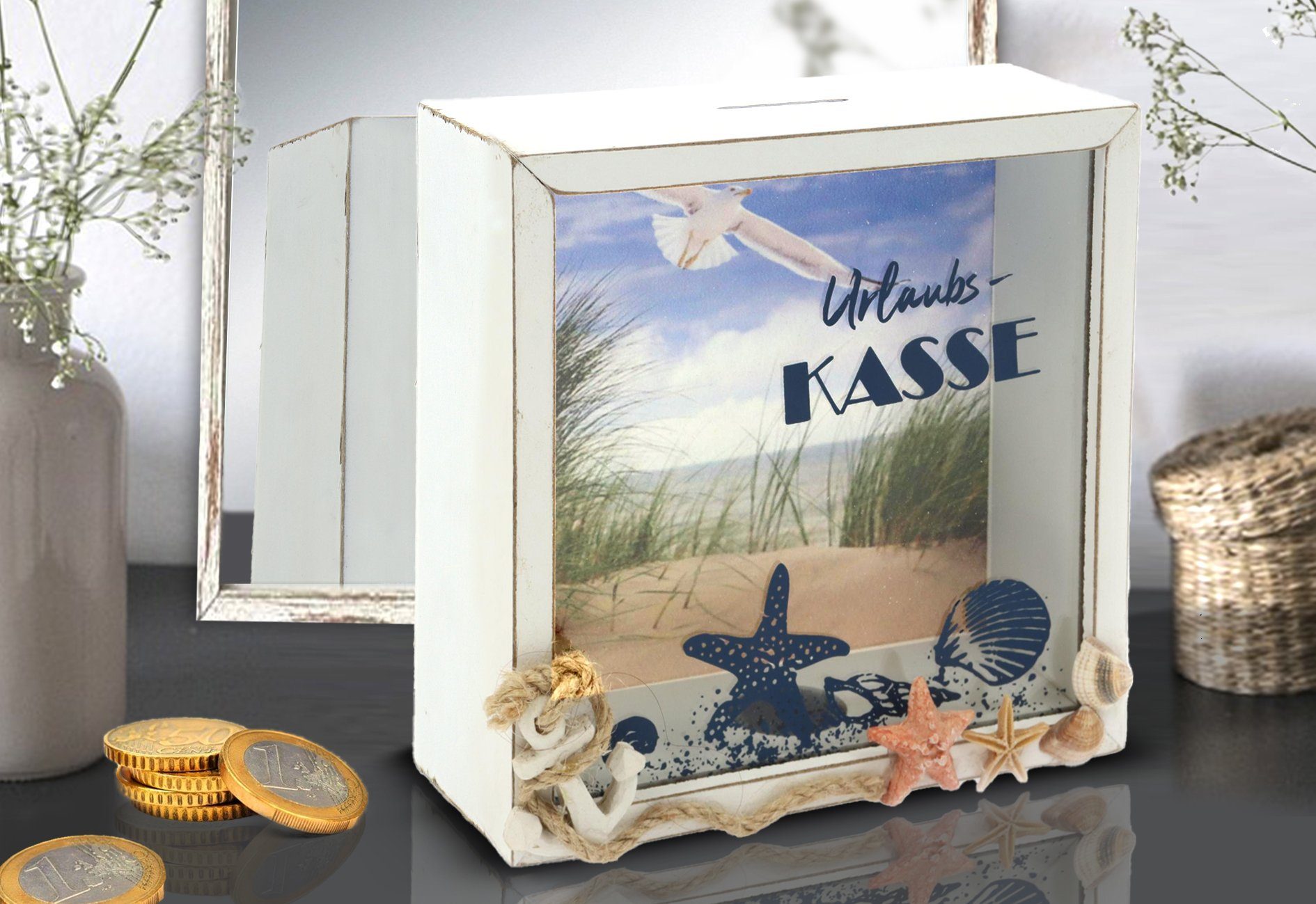 ELLUG Spardose Spardose - Urlaubskasse - Sparbüchse Urlaub Reisekasse  Sparschwein Geldgeschenk aus Holz mit sommerlichen Hintergrund 15*15*6cm,  ideales Geschenk