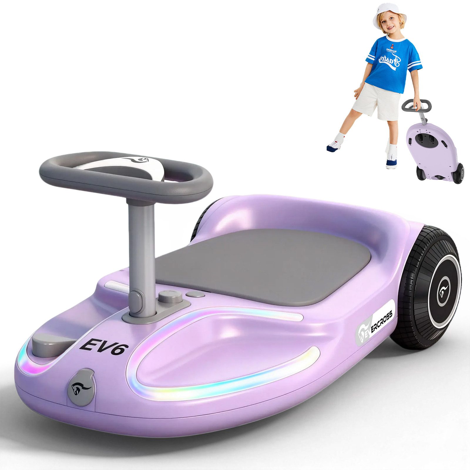 EVERCROSS TECH Elektro-Kinderauto EV6 Elektrisches Rutschauto mit 360°-Drehung & Bluetooth-Musik, 3-Gang-Modi, 25,2V Akku, Maximal 9 km/h,100+ Lichtmoden
