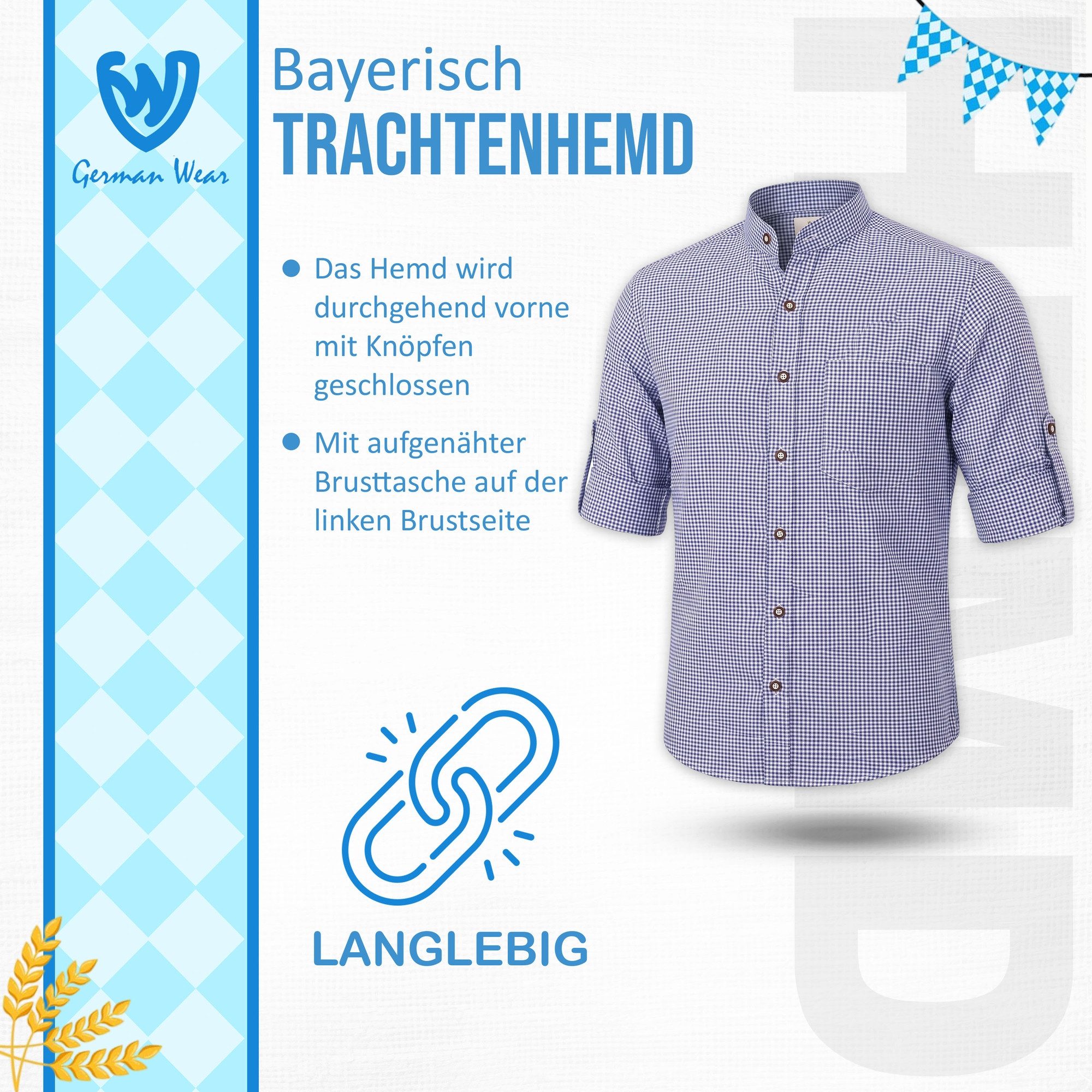 German Wear Trachtenhemd GW120x-SK Trachtenhemd mit Stehkragen für Trachtenlederhosen kariert – Bild 5 von 5