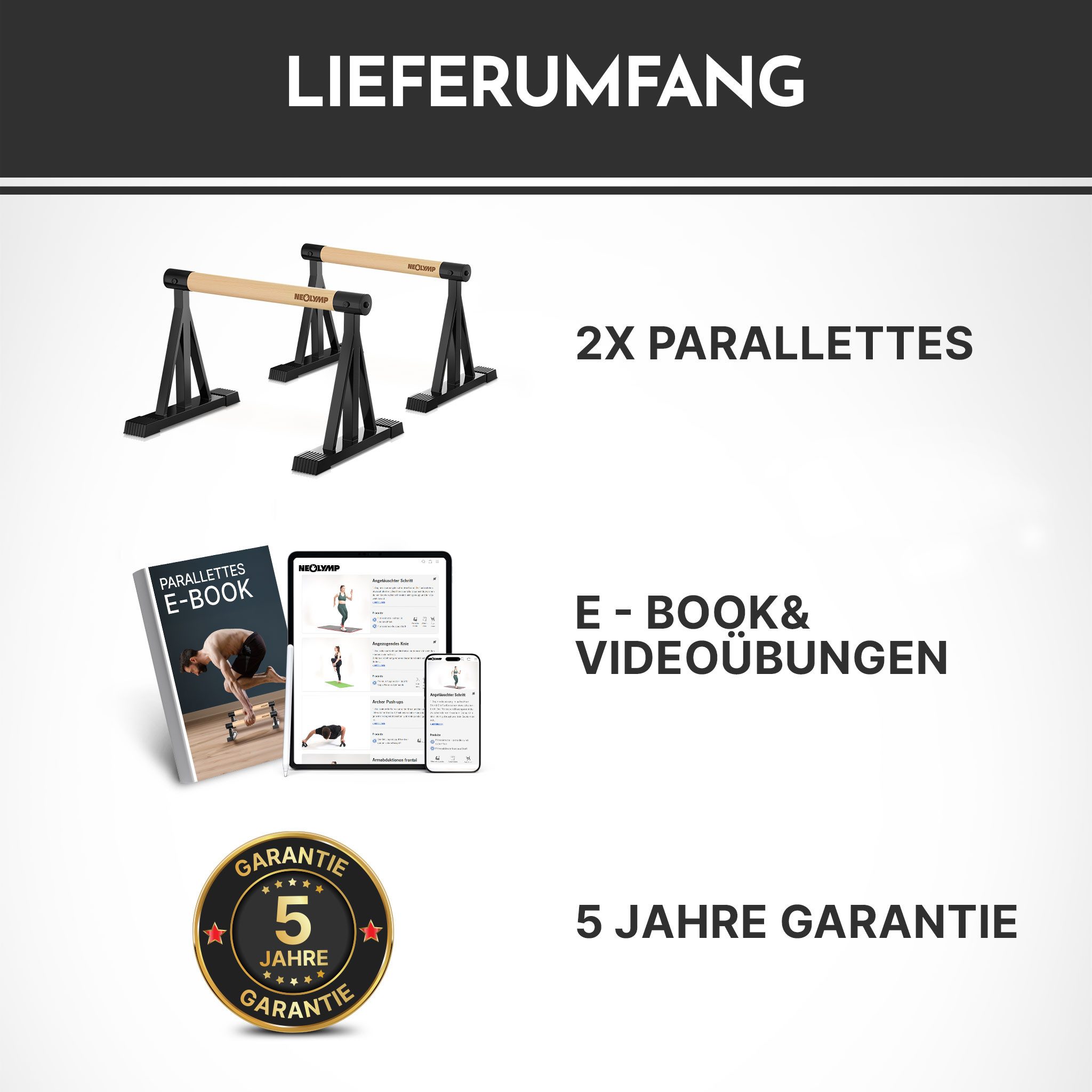 NEOLYMP Liegestützgriffe Parallettes Holz - Calisthenics Equipment Liegestützgriffe - Push Up (Set, Push Up Bars belastbar bis 500 kg - inkl. E-Book & Grip Tapes), Handstand Griffe aus massivem Holz & Stahl - rutschfest & ergonomisch