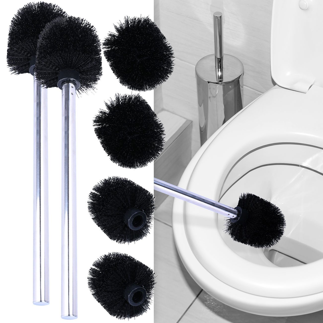 Casativo WC-Reinigungsbürste WC-Bürste aus Edelstahl, Klobürste inkl. 3 Bürstenköpfen Ø 8cm, (6-tlg., 1er-Set (3 St) & 2er-Set (6 St), WC-Bürste Edelstahl Inkl. 3 schwarzen Bürstenköpfen (8cm)