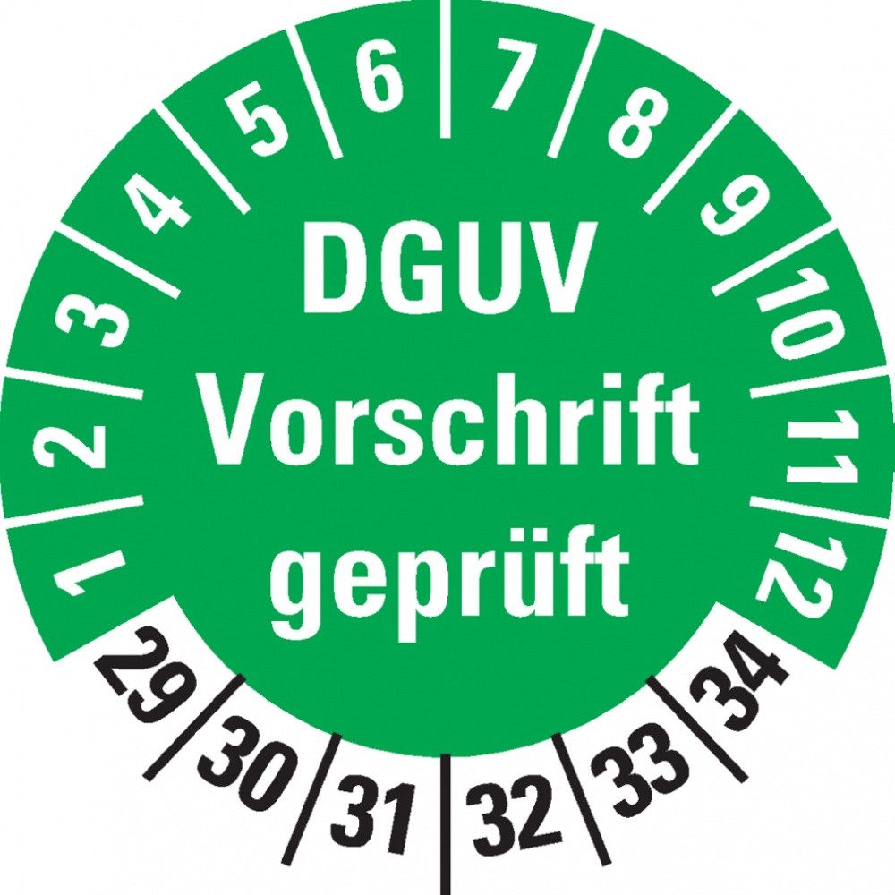 Hinweisschild Prüfplakette DGUV Vorschrift geprüft, 29-34, grün, Folie, Ø 30mm, 18/B