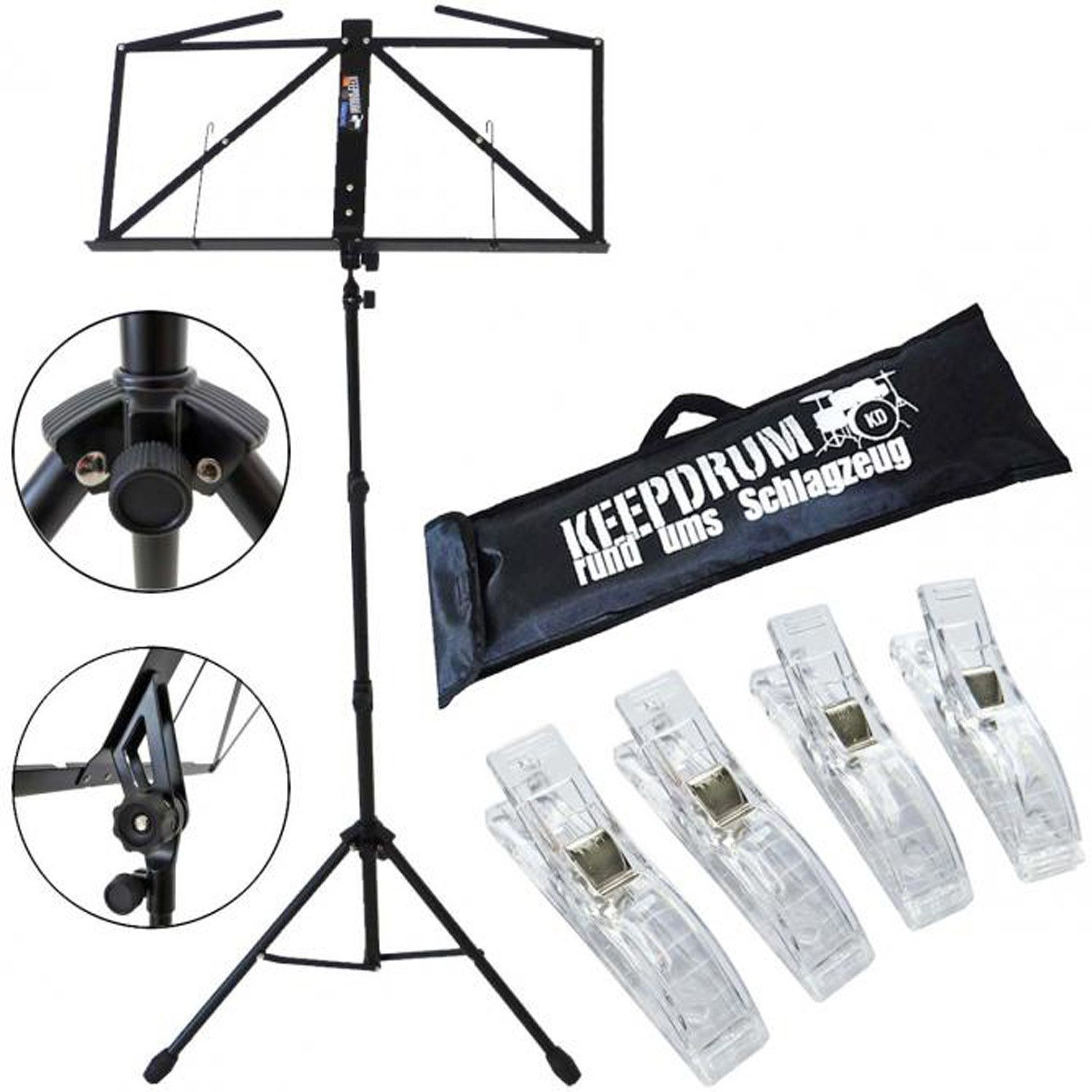 keepdrum Notenpult keepdrum MUS3BK Notenpult Schwarz mit 4 Notenklammern, Vorteils-Set