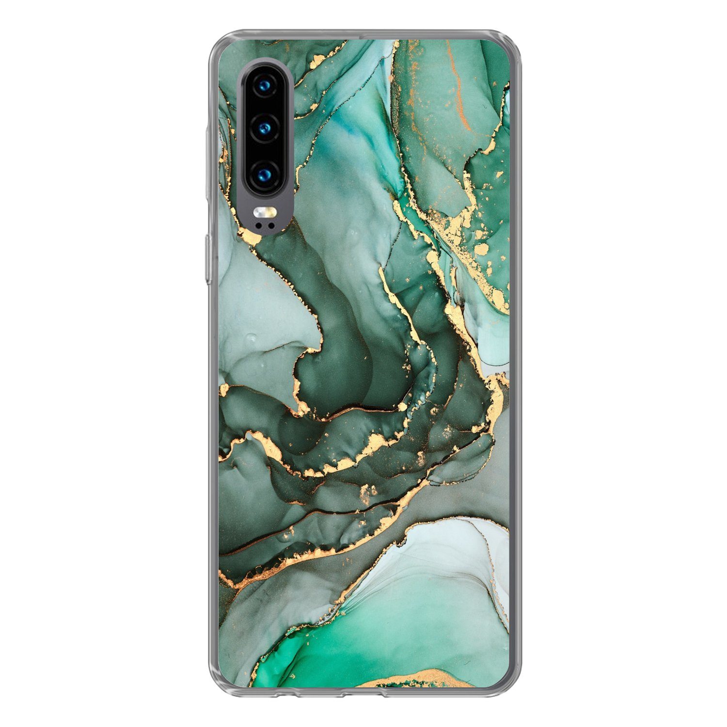 MuchoWow Handyhülle für Huawei P30 Gold - Marmor - Grün - Luxus - Marmoroptik - Grau, Handy Case, Silikon, Bumper Case Dünn