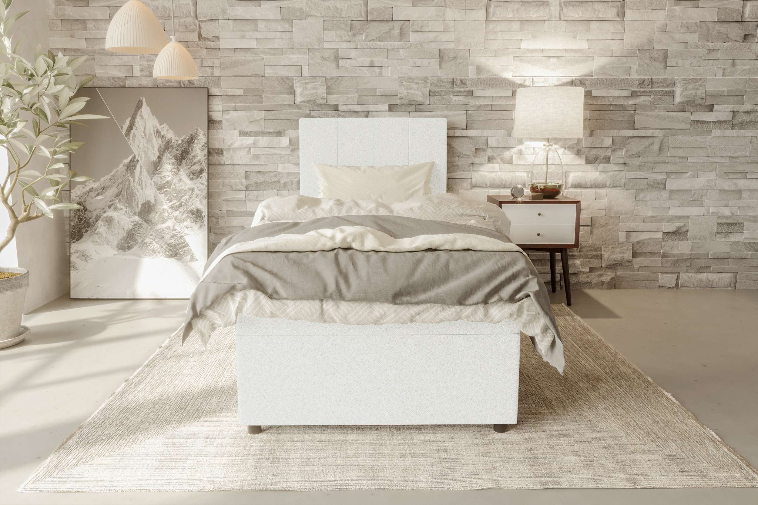 99rooms Boxspringbett Kira Mini (Schlafzimmerbett, Bett), 90/120x200 cm, in Strukturstoff NEVE, Topper, Stauraum als Frontauszug