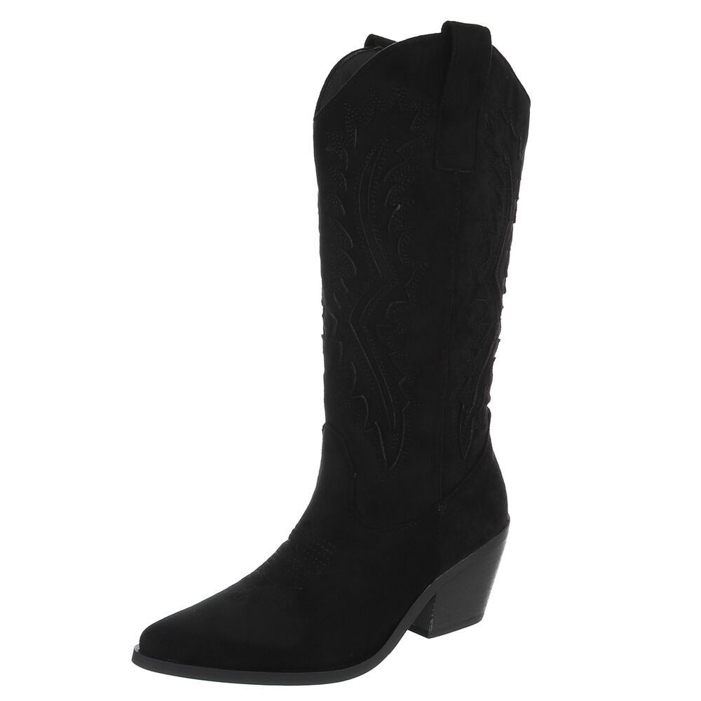 Ital-Design Damen Cowboystiefel mit Blockabsatz und Prägung Westernstiefel (92002507) Blockabsatz Stiefel in Schwarz
