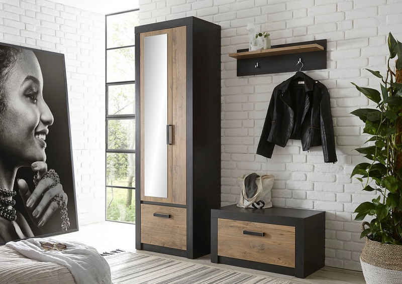 my home Garderoben-Set »BRÜGGE«, (Komplett-Set, 3-St., bestehend aus Garderobenschrank mit Spiegel, Garderobenbank und -paneel), mit einer dekorativen Rahmenoptik