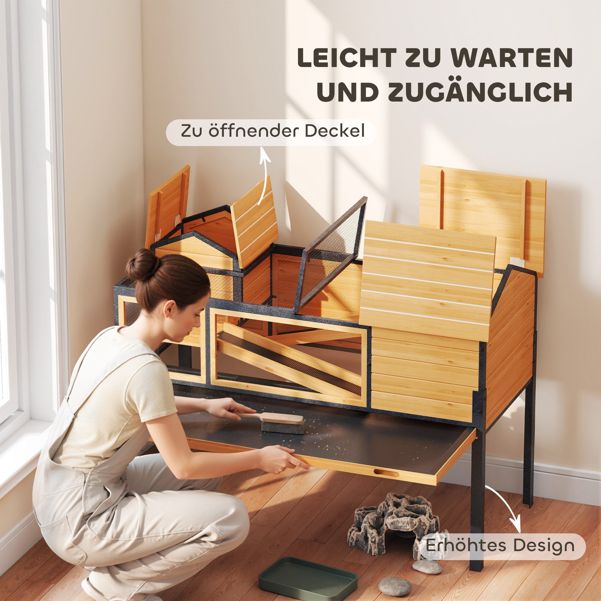 PawHut Kleintierstall mit 2 Räume, 2 Stockwerke, Fenster, Rampen, für Schildkröten, Geckos, Küken, Gelb