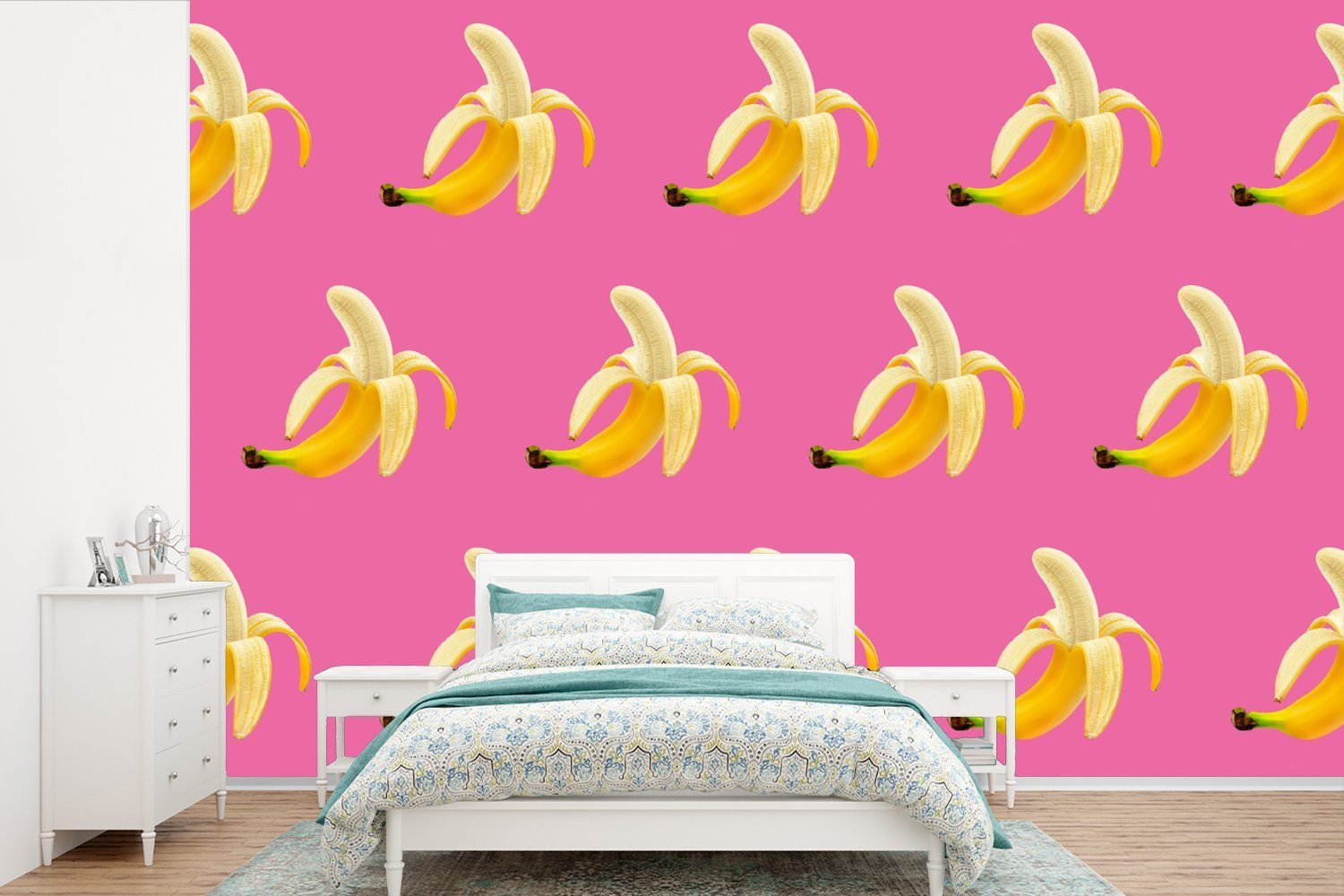 MuchoWow Fototapete Banane - Muster - Rosa, Matt, bedruckt, (6 St), Wallpaper für Wohnzimmer, Schlafzimmer, Kinderzimmer, Vinyl Tapete
