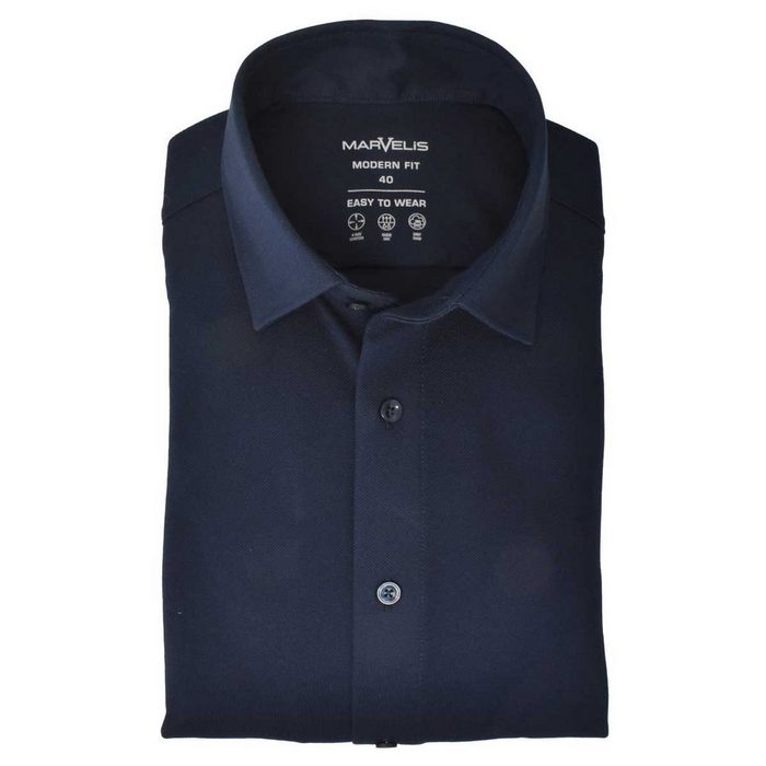 MARVELIS Businesshemd Easy To Wear Hemd - Modern Fit - Langarm - Struktur - Dunkelblau 4-Way-Stretch