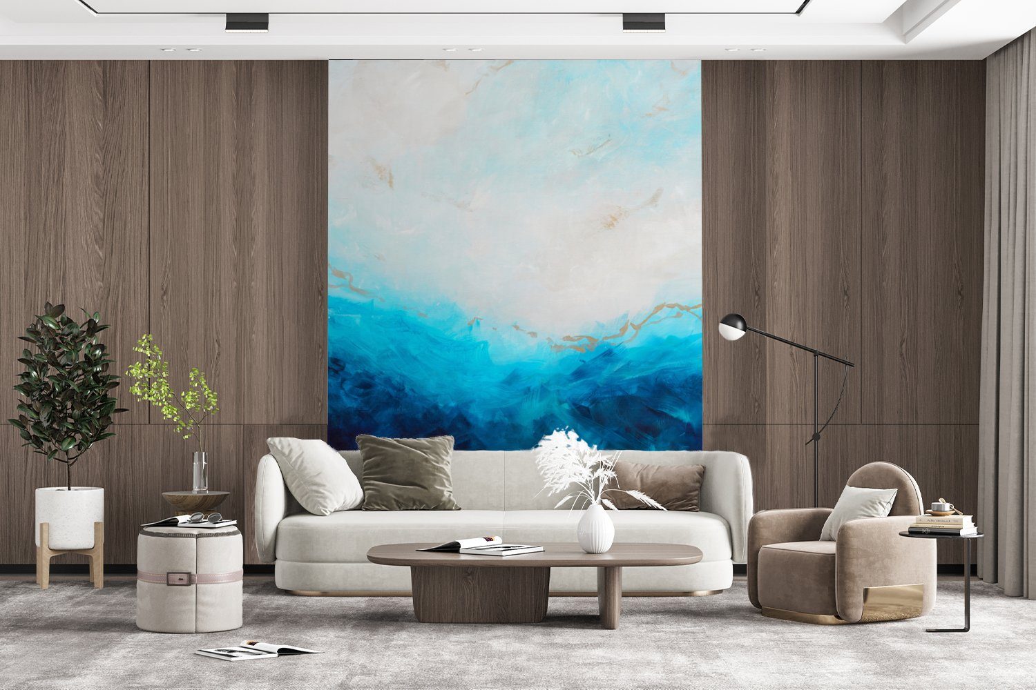 Matt, Abstrakt Meer - Farbe - Tapete bedruckt, Wohnzimmer, MuchoWow Vinyl Montagefertig Blau Gold, - für St), (4 Fototapete - Wandtapete