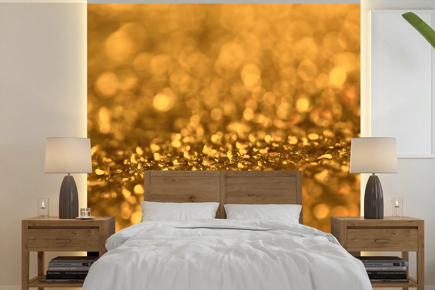 MuchoWow Fototapete Gold - Wassertropfen - Abstrakt - Luxe, Matt, bedruckt, (4 St), Vliestapete für Wohnzimmer Schlafzimmer Küche, Fototapete