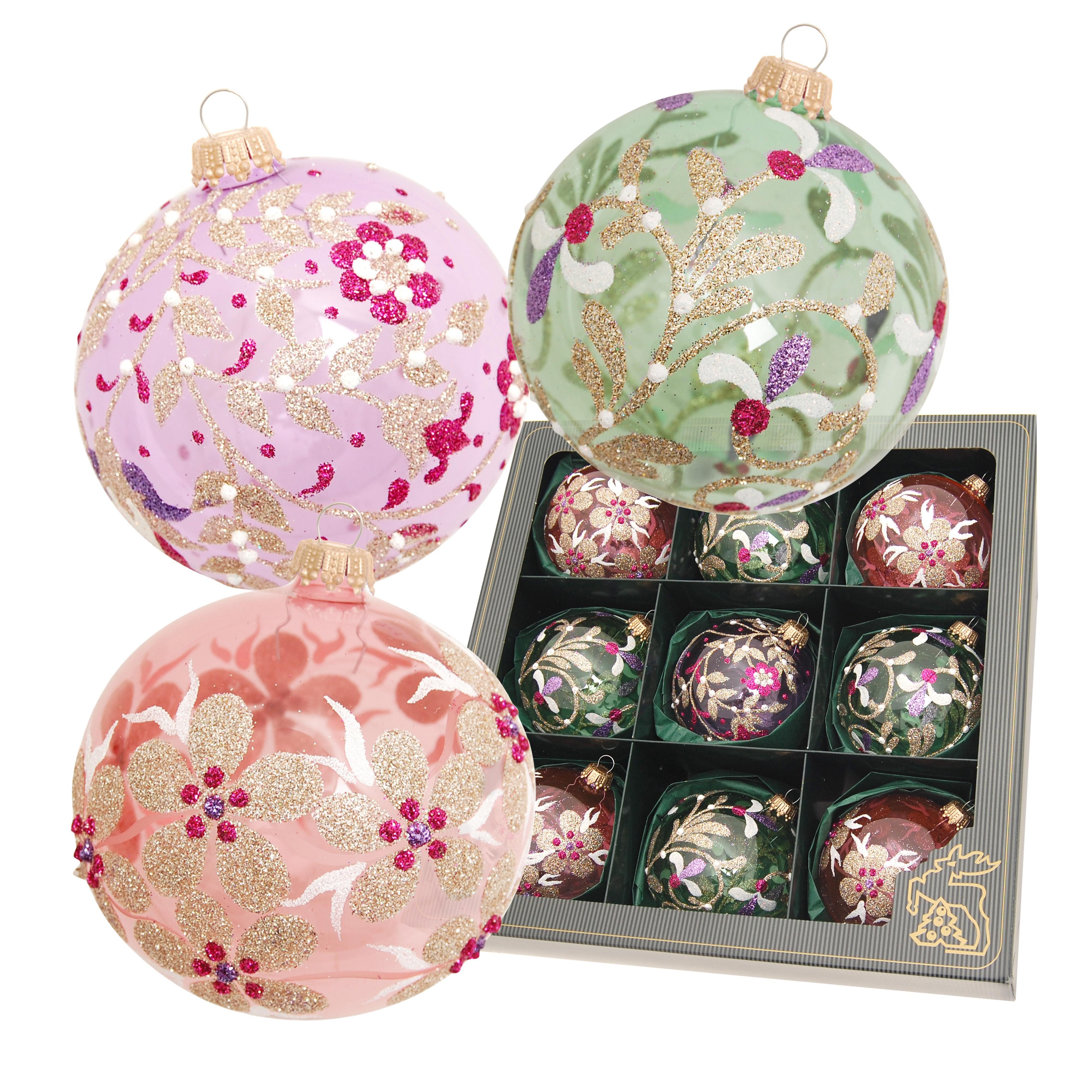 Krebs Glas Lauscha Weihnachtsbaumkugel 9er Set - Blumen mit bunten Kugeln - ca. 8cm - aus Glas, hochwertiges Kugelsortiment für eine festliche Weihnachtsdekoration