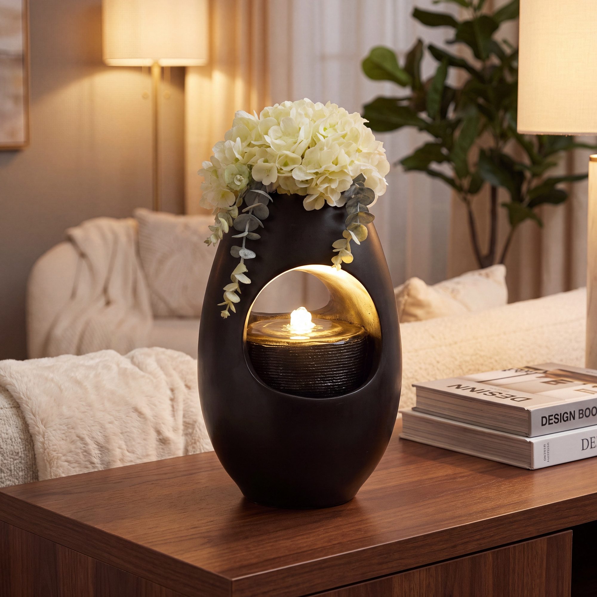 Arnusa Zimmerbrunnen Tischbrunnen mit Vase schwarz 40 cm warmweiße LED Beleuchtung, Dekoration Blumenvase Wohnzimmerdeko schwarz