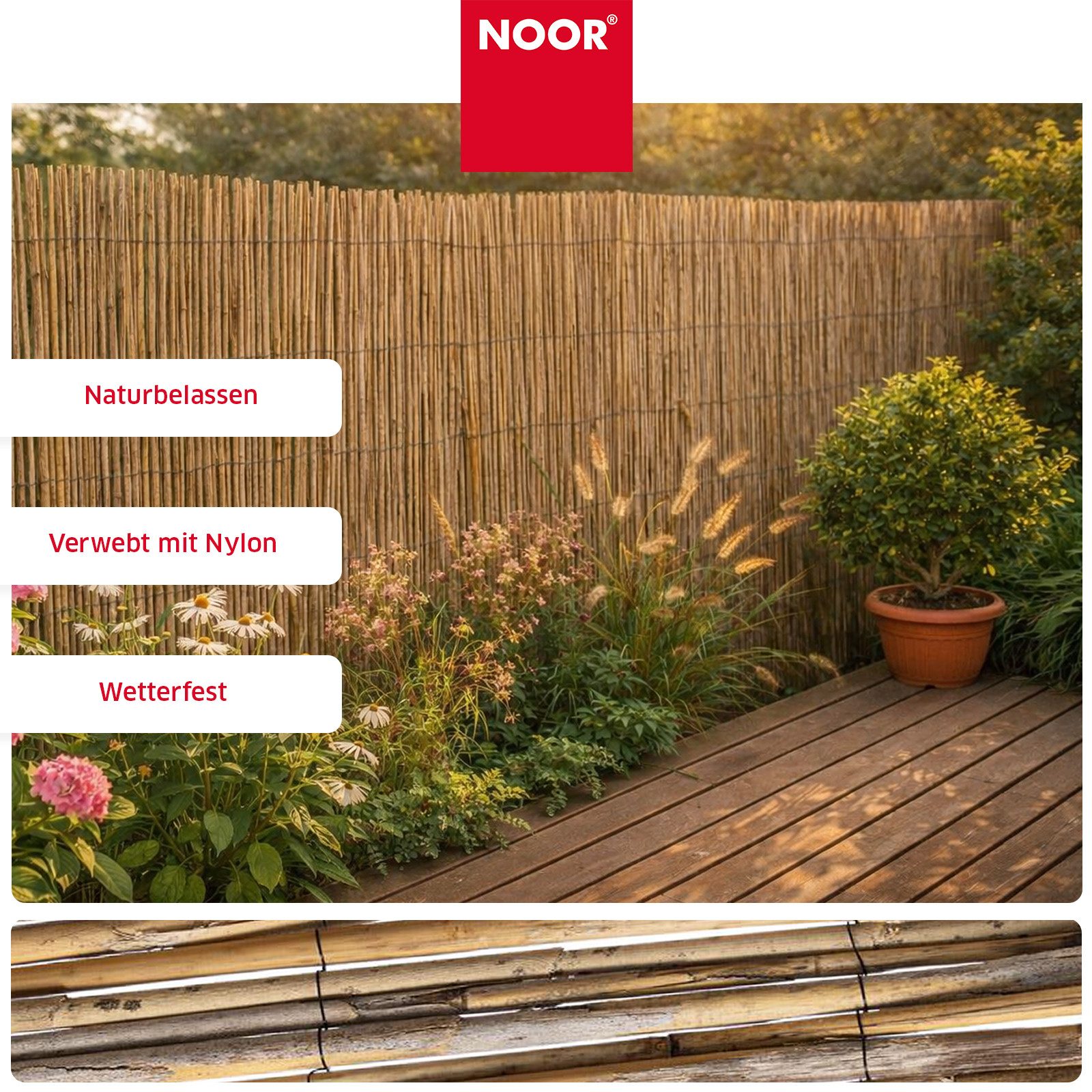NOOR Sichtschutzzaunmatten Schilfrohrmatte CANNES - Sichtschutz mit Nylonbindung