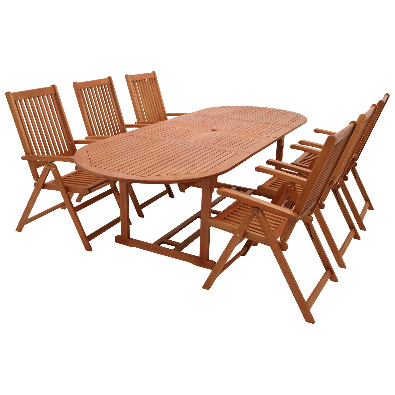 DEGAMO Garten-Essgruppe LAGO, (7-tlg), (6x Klappsessel, 1x Ausziehtisch 180/260x100cm), Eukalyptus geölt