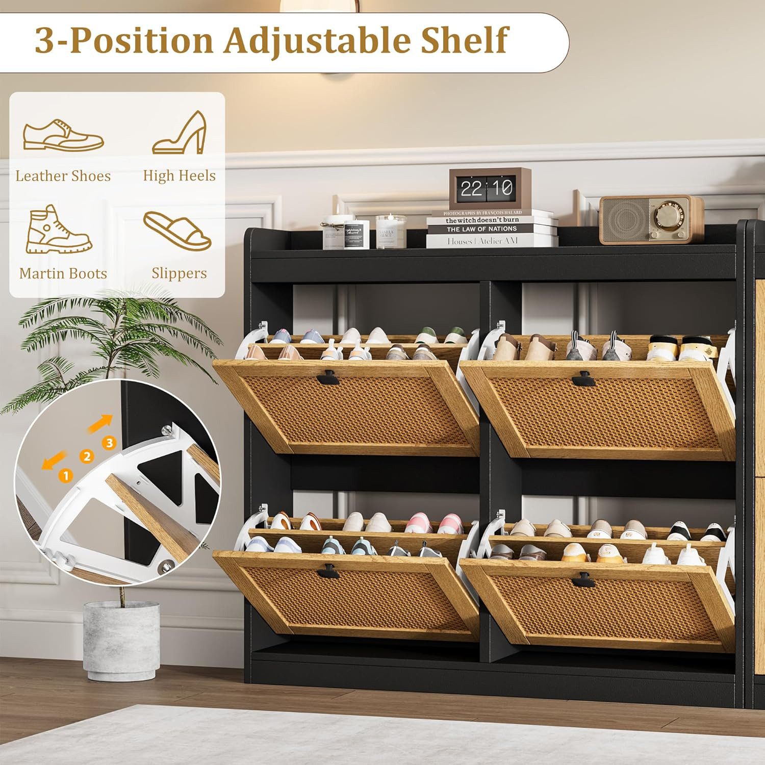 GarveeMore Schuhschrank aus Rattan mit 4 Klappschubladen für Eingangsbereich,Flur 105x23x96cm freistehender Schuhschrank aus Holz mit verstellbaren Einlegeböden – Bild 4 von 5