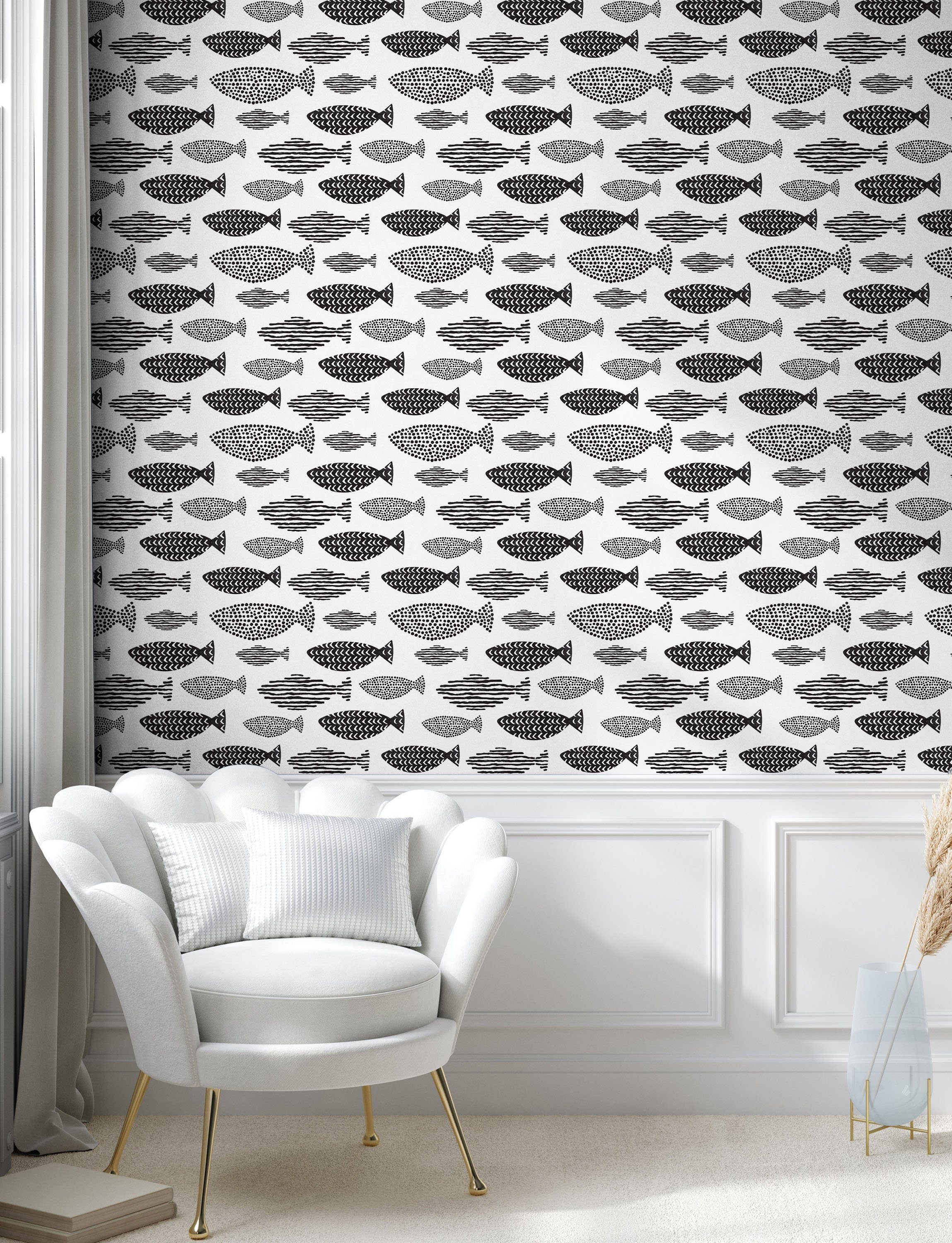 Küchenakzent, Vinyltapete Weiß Fisch Seetiere Wohnzimmer selbstklebendes Abakuhaus Schwarz