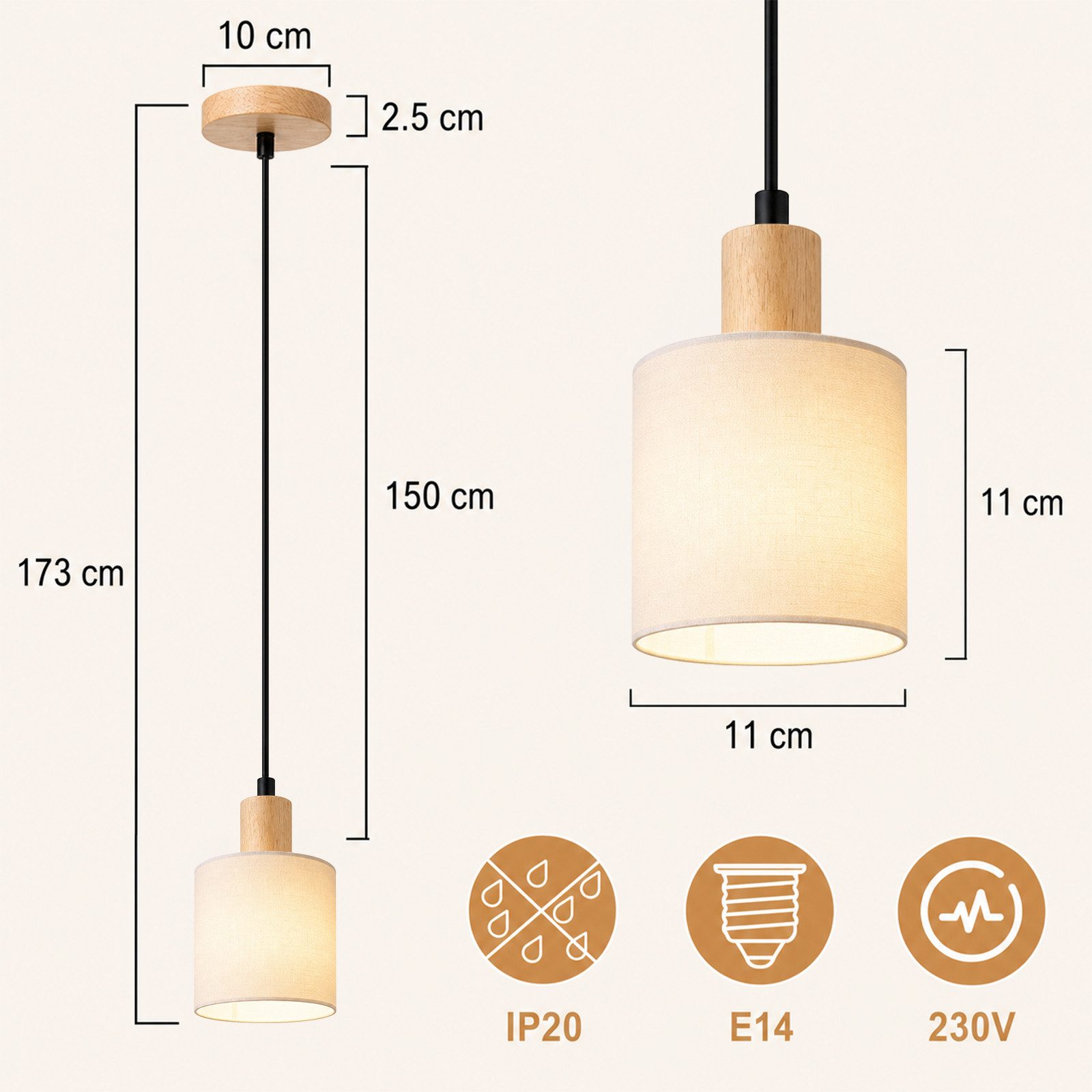 Nettlife Pendelleuchte 1/3/4flammig E14 Holz Stoff Schirm Weiß rustikale Deckenlampe, ohne Leuchtmittel, Küche Wohnzimmer Restaurant Schlafzimmer Flur – Bild 3 von 5