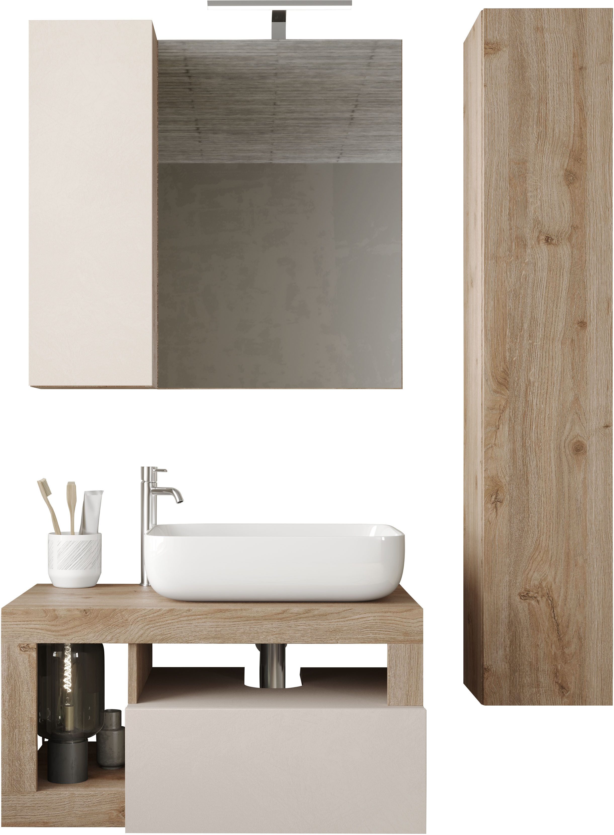 welltime Badmöbel-Set Hamburg, Badezimmerset 2tlg. Breite 79 cm, Badmöbel, Waschtisch inkl., (Spar-Set, 2-St), Waschbecken, Spiegelschrank mit LED Aufbauleuchte, Soft-Close-Funktion