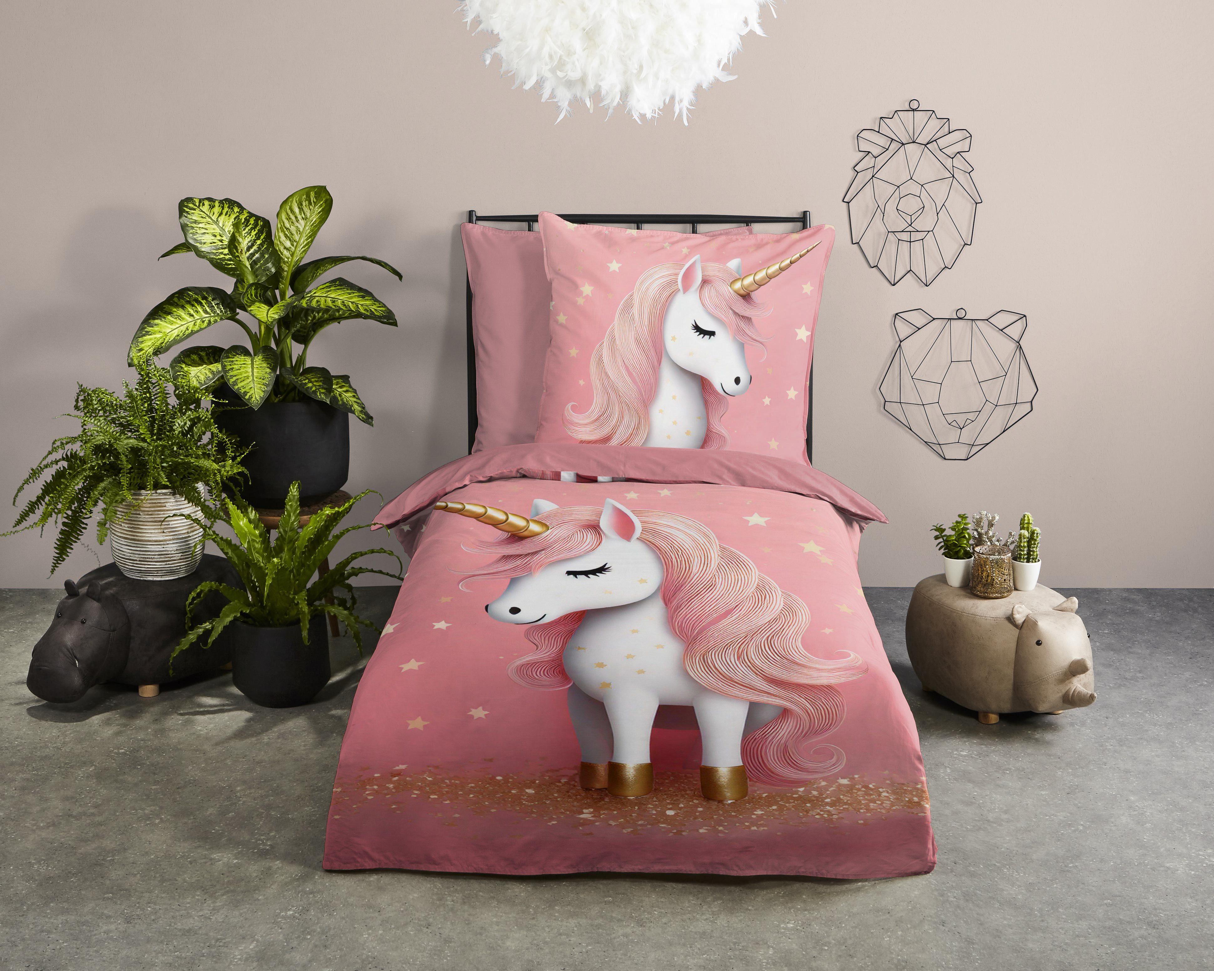 PURE luxury collection Kinderbettwäsche Sparkles, Microfaser, 2 teilig, Mikrofaser, 135x200, 2 Teilig, Wendeoptik, Mädchen, Einhorn, Rosa