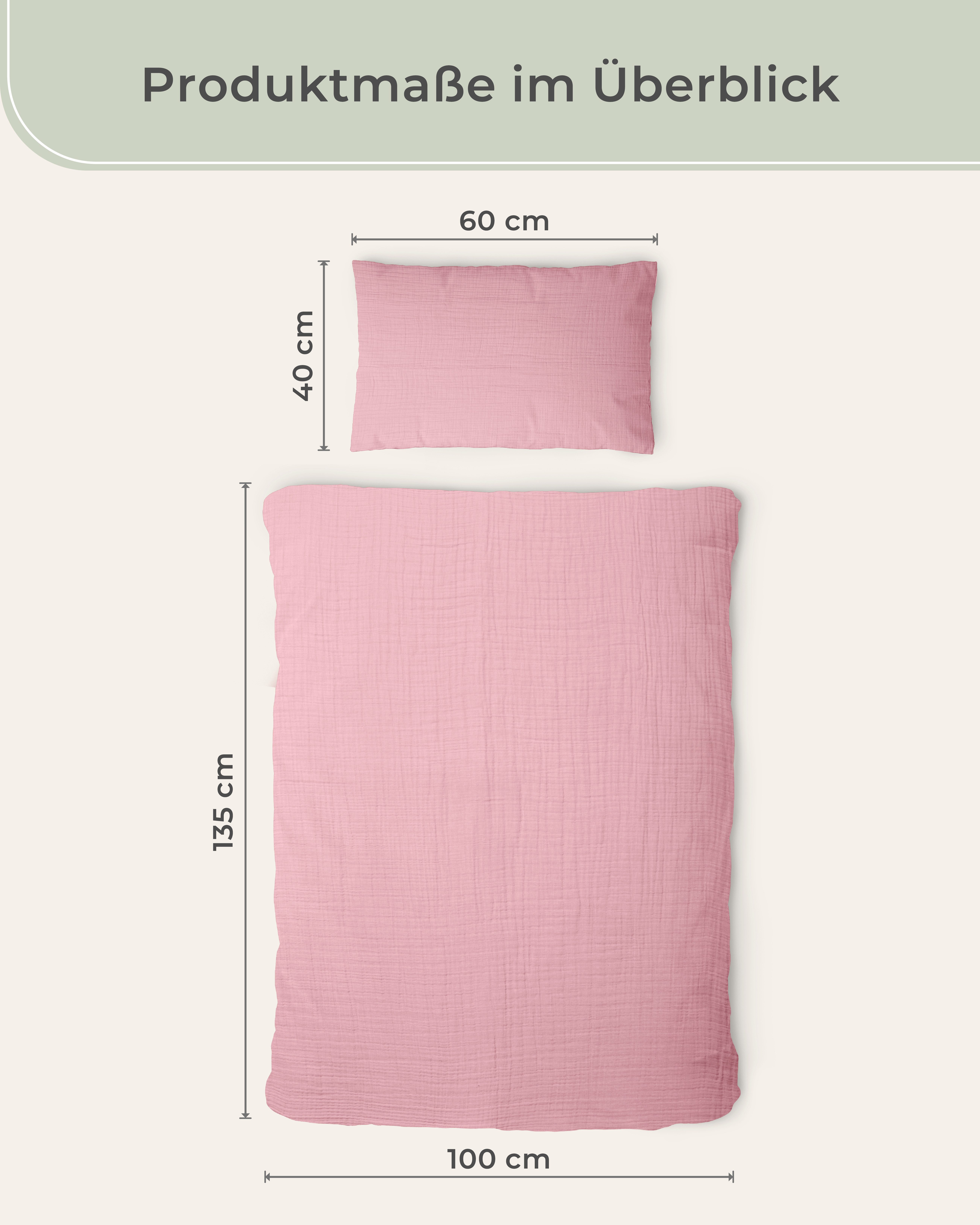 Laynenburg Kinderbettwäsche Musselin 2 teilig aus 100% Baumwolle in 100x135 cm + 40x60 cm, atmungsaktiv & bügelfrei – 3 lagig mit Reißverschluss & Haltebändern