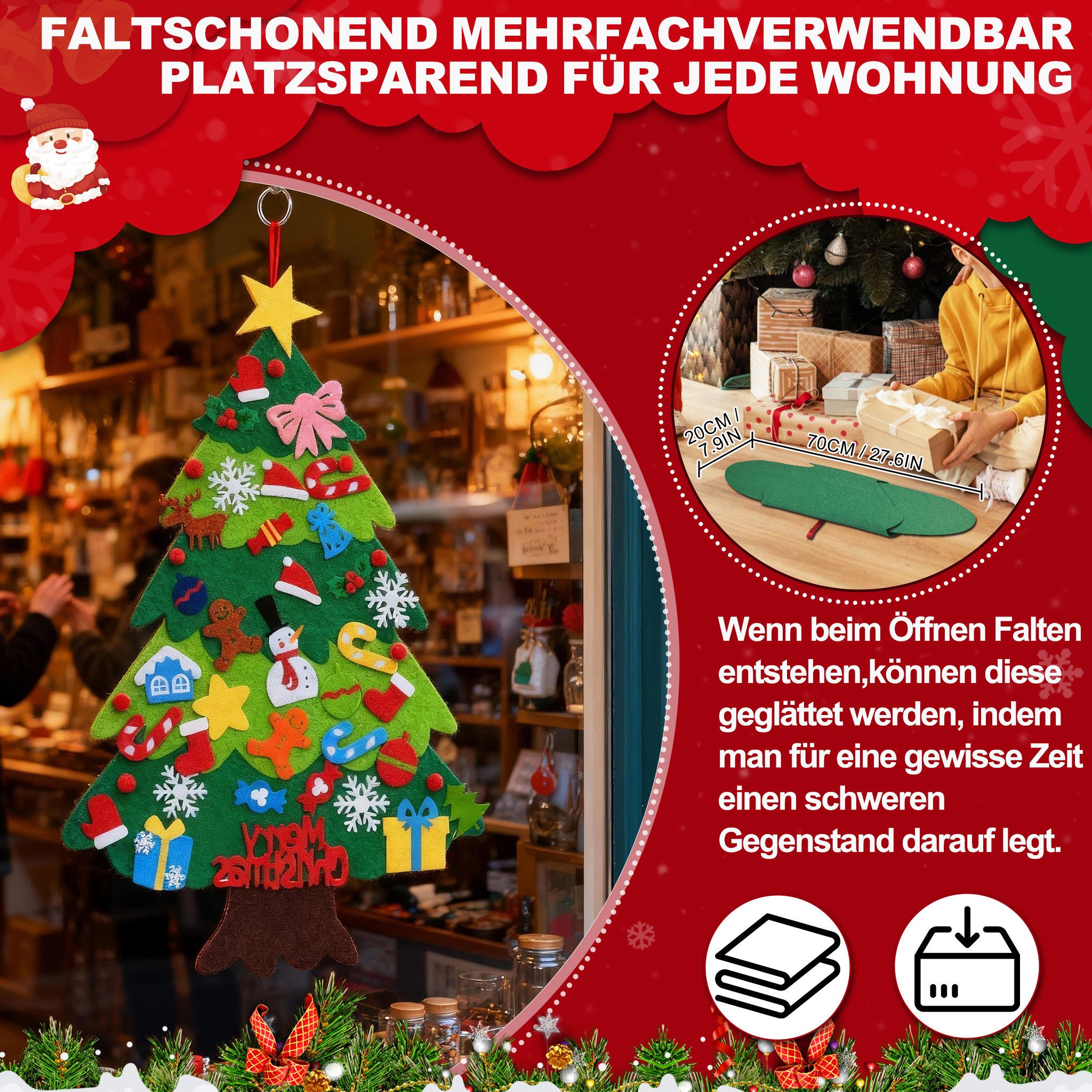 FIVMEN Künstlicher Weihnachtsbaum DIY Filz-Tannenbaum Filzchristbaum Deko 3 Stile, Filz-Tannenbaum, mit 36 Stück Abnehmbaren Ornamenten – Bild 5 von 5