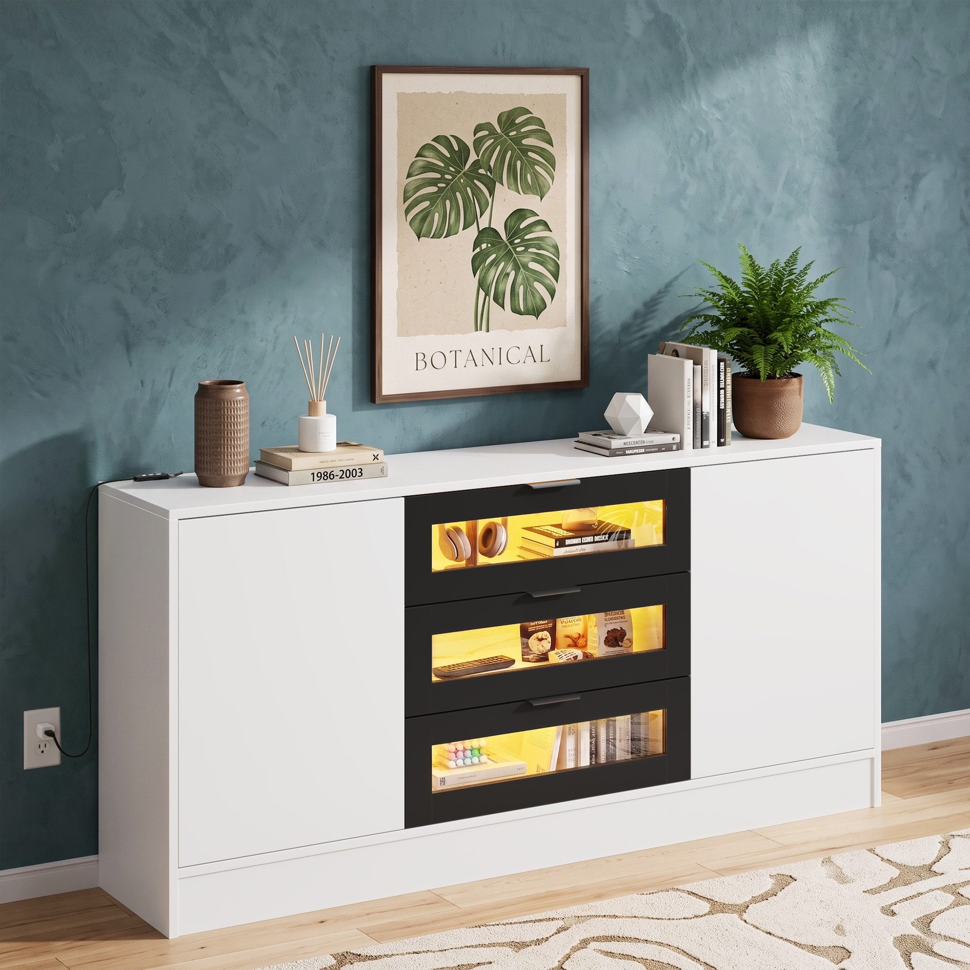 OYRREU Sideboard moderner Mehrzweckschrank mit LED-Vitrine, weiß, OTTO’S CHOICE (Schrank, Set, Wohnzimmer, Esszimmer, Büro, 2 Türen, 3 Schubladen, 150 x 35 x 80 cm), Aufbewahrungsschrank