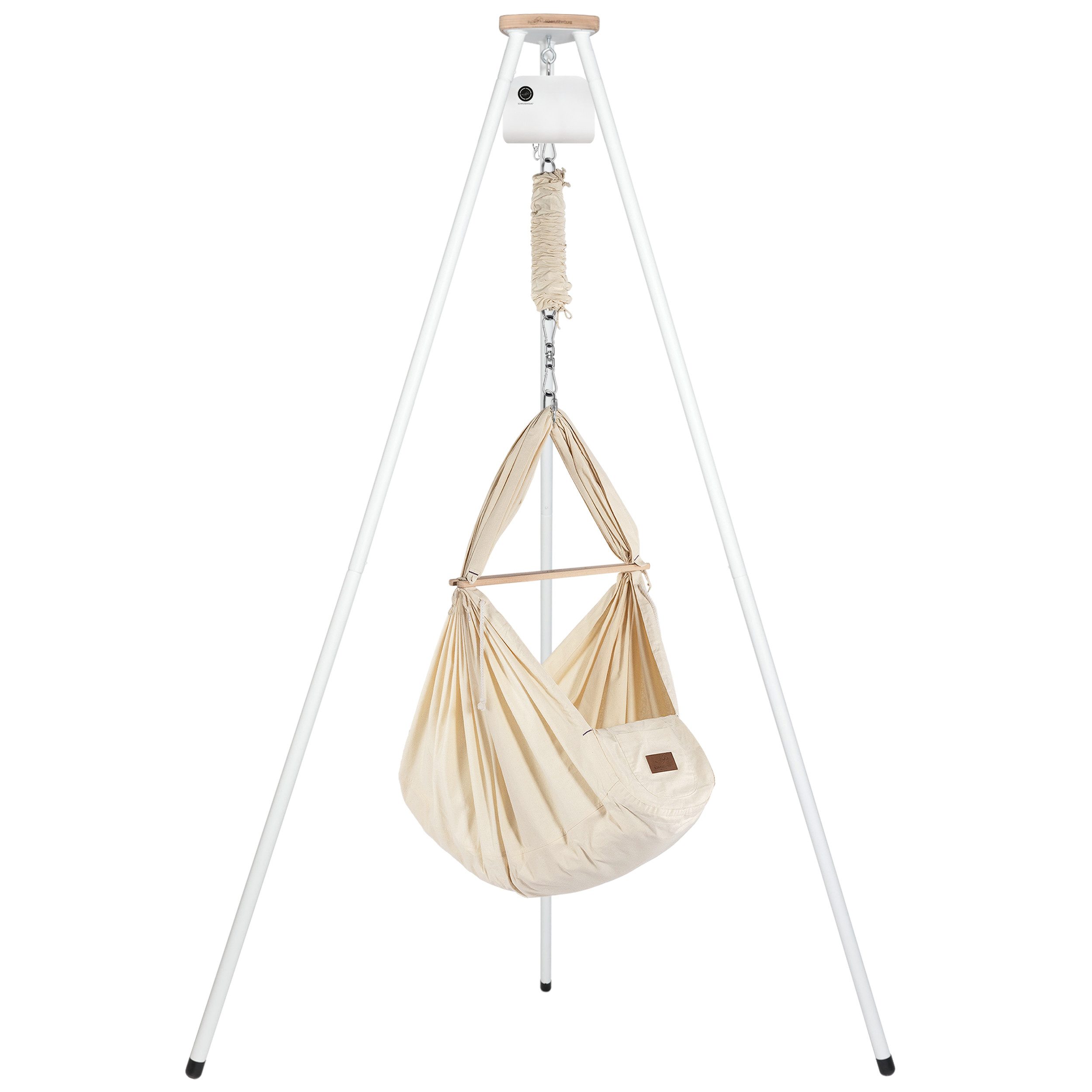 Stubenbett Federwiege Bio mit Tipi Weiß und Motor, Ohne Feder als Hängesessel bis 40 kg nutzbar