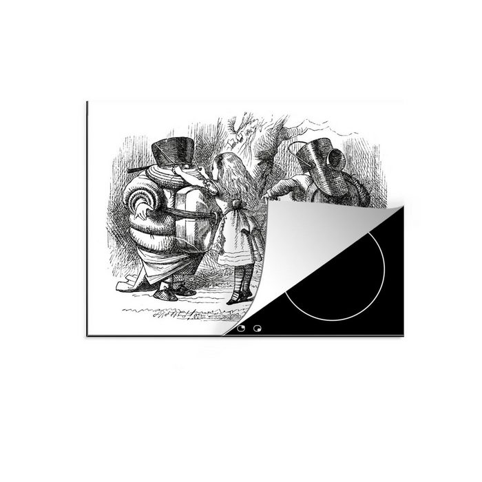 MuchoWow Herdblende-/Abdeckplatte Vintage-Illustration Alice mit Tweedledee und Tweedledum Vinyl (1 tlg) Mobile Arbeitsfläche nutzbar Ceranfeldabdeckung