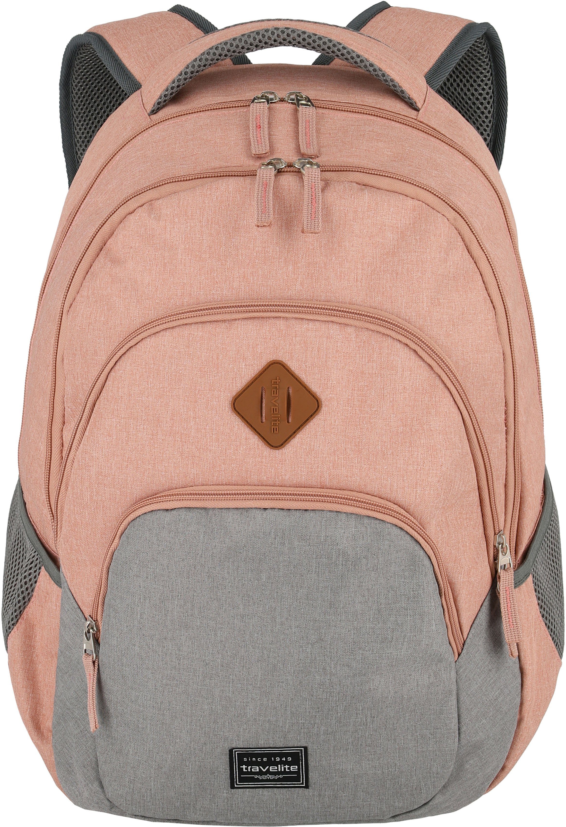 travelite Laptoprucksack Basics Melange, rosa/grau, Arbeitsrucksack Schulrucksack Freizeitrucksack mit 15-Zoll Laptopfach