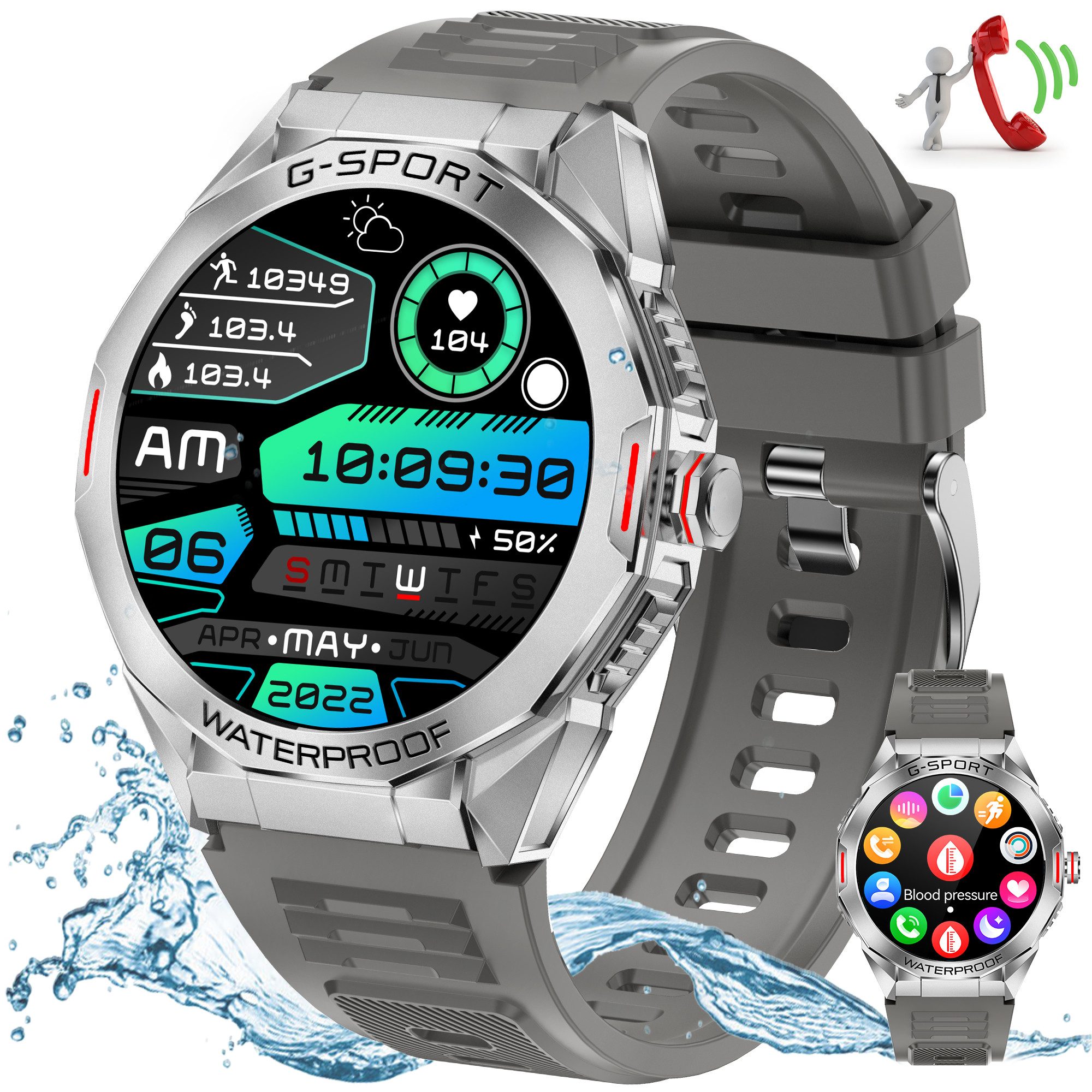 BEKOMIYA Smartwatch Damen Herren, Fitness Tracker Uhr mit Anruffunktion Smartwatch (4.09 cm/1,46 Zoll extra großem HD-Touchscreen Fitness Smart Watch Zoll) mit einem Metall-Stahlarmband geliefert, IP68 Wasserdicht Militärische Smartwatch mit 100+ Sportmodi, Schlafmonitor Schrittzähler Aktivitätstracker, Musik, Fernfotografie