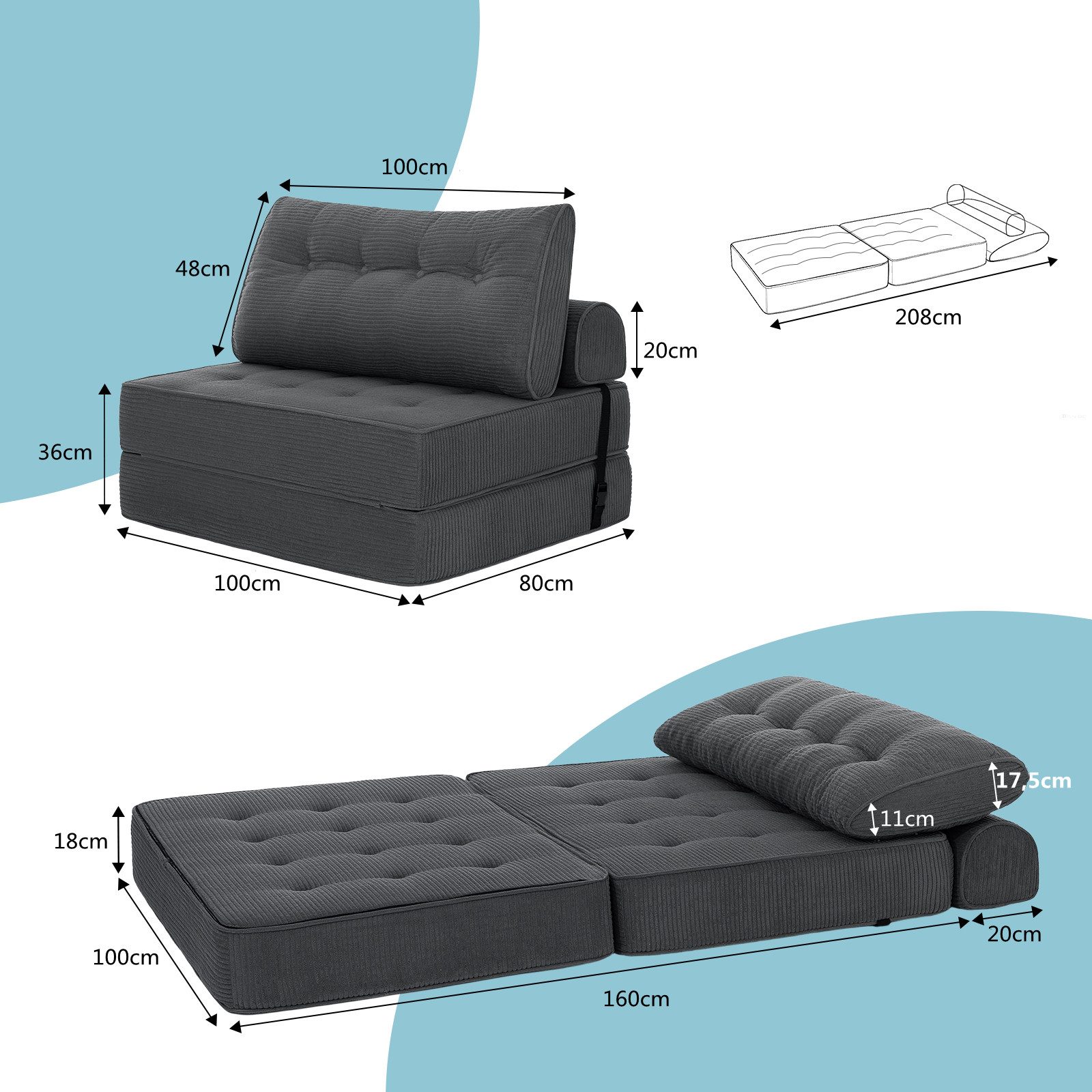MECO Schlafsofa 3-in-1 umwandelbarer Klappsofa Bett Schlafsessel mit Kissen, 100×80cm Schlafcouch Bodensofa-Lounge für Schlafzimmer Wohnzimmer – Bild 5 von 5