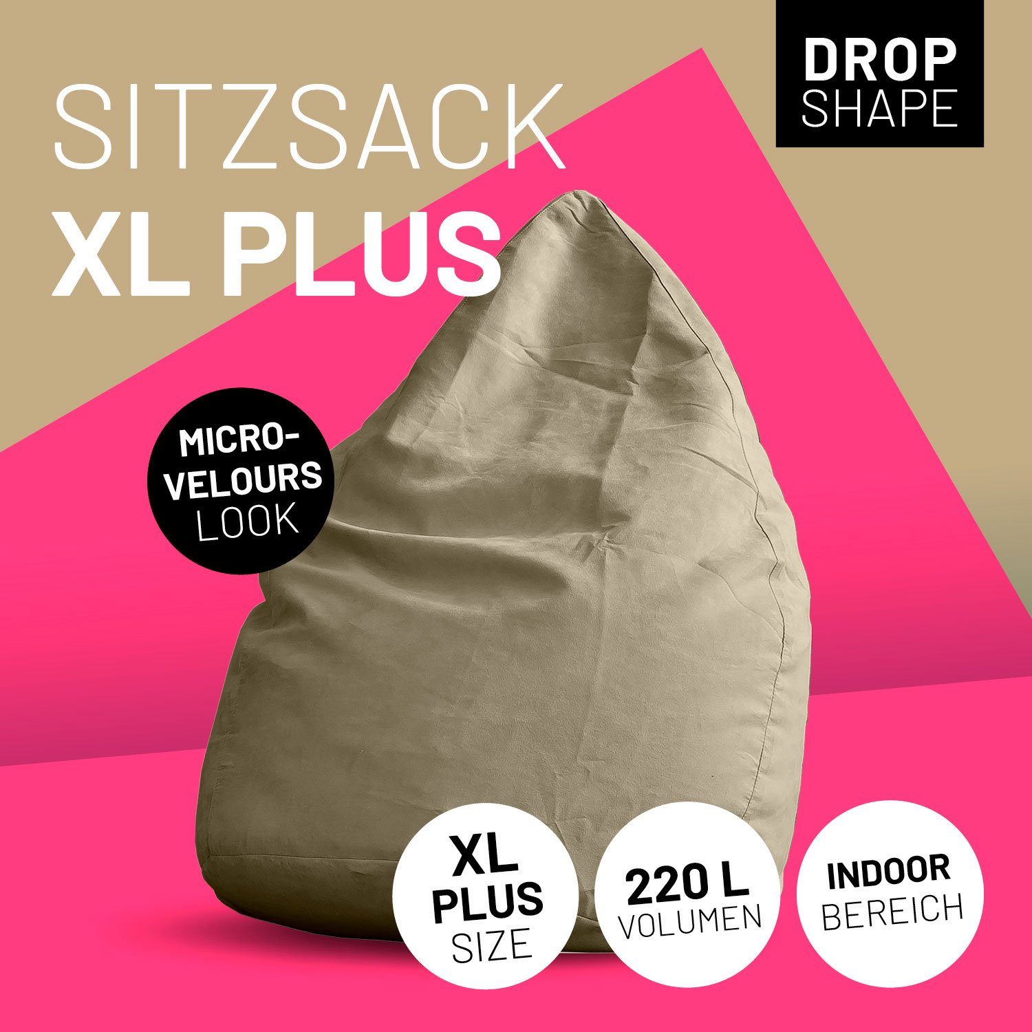 XL robust Luxury beige 220L PLUS waschbar Bodenkissen Sitzsack Sitzkissen Microvelours Bag, weich Lumaland 85x65cm Bean