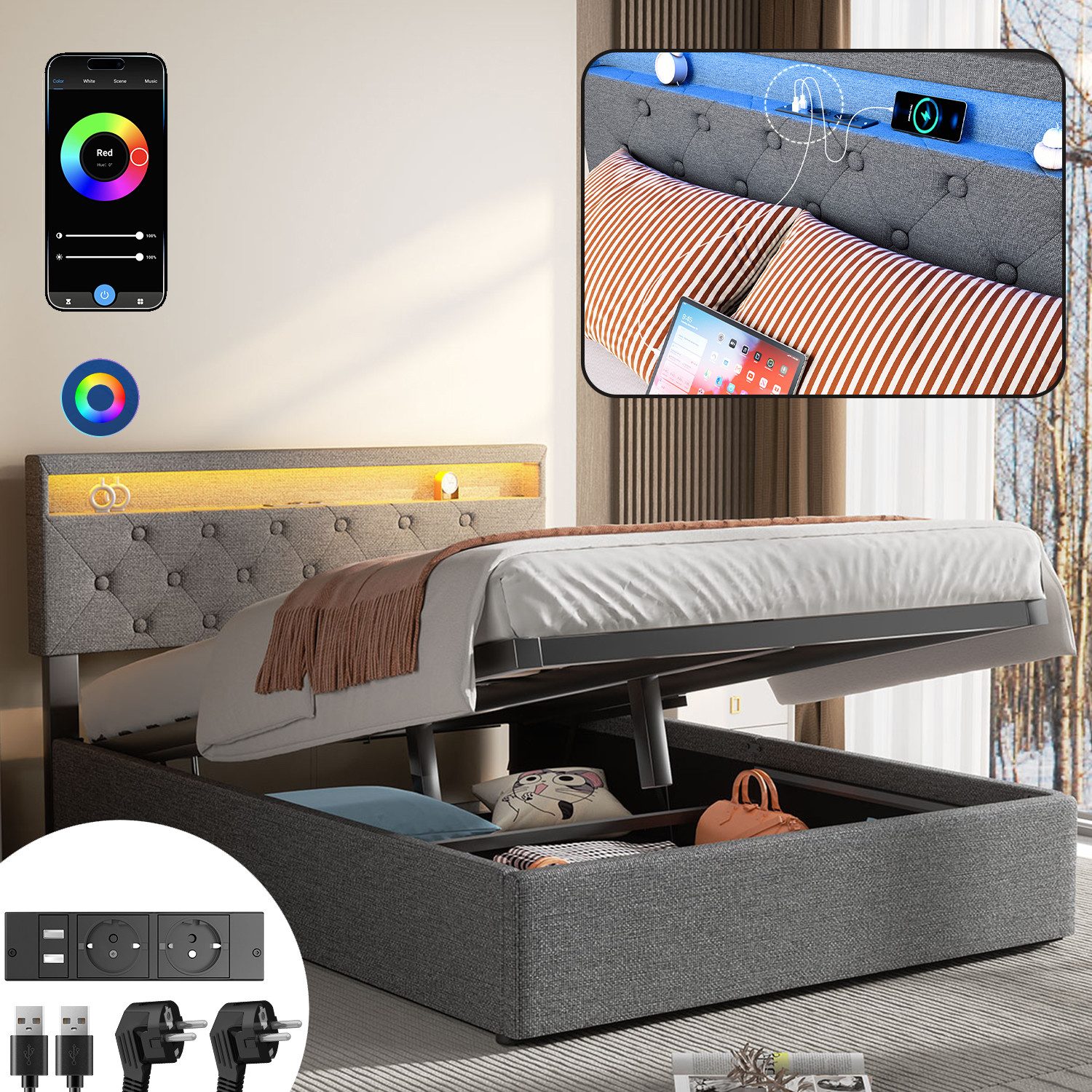 LOVONLIVE Polsterbett Doppelbett mit LED 160x200cm günstig online kaufen