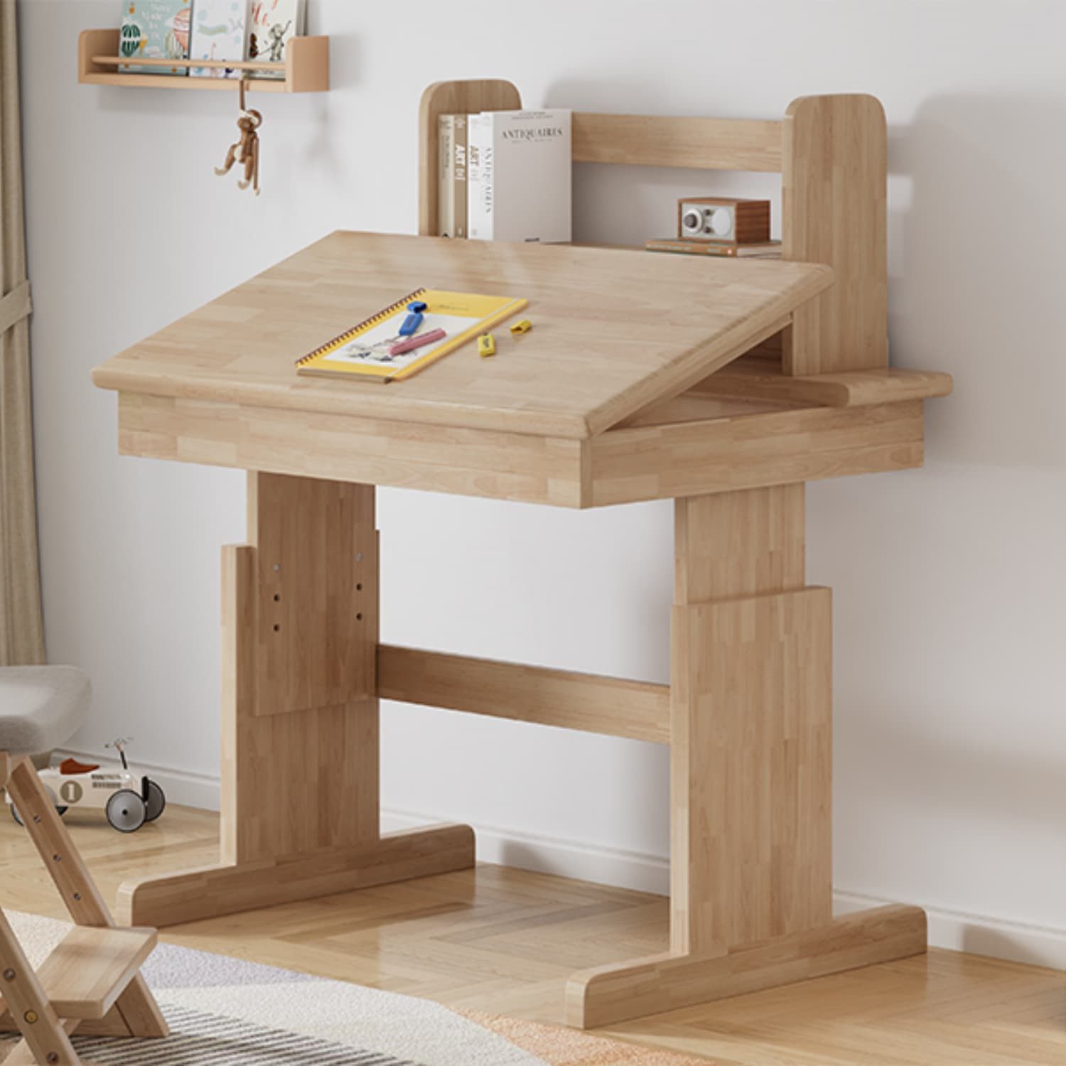ANYSUN Kinderschreibtisch aus Massivholz Höhenverstellbarer mit klappbarer Platte,Buchablage (1 Schreibtisch,Kindertisch für Kinder ab 6 Jahren,Belastbar bis 50 kg), mit Neigbarer Tischplatte 0–43°,Ausgehöhltes Design,Natur,80x94x80cm