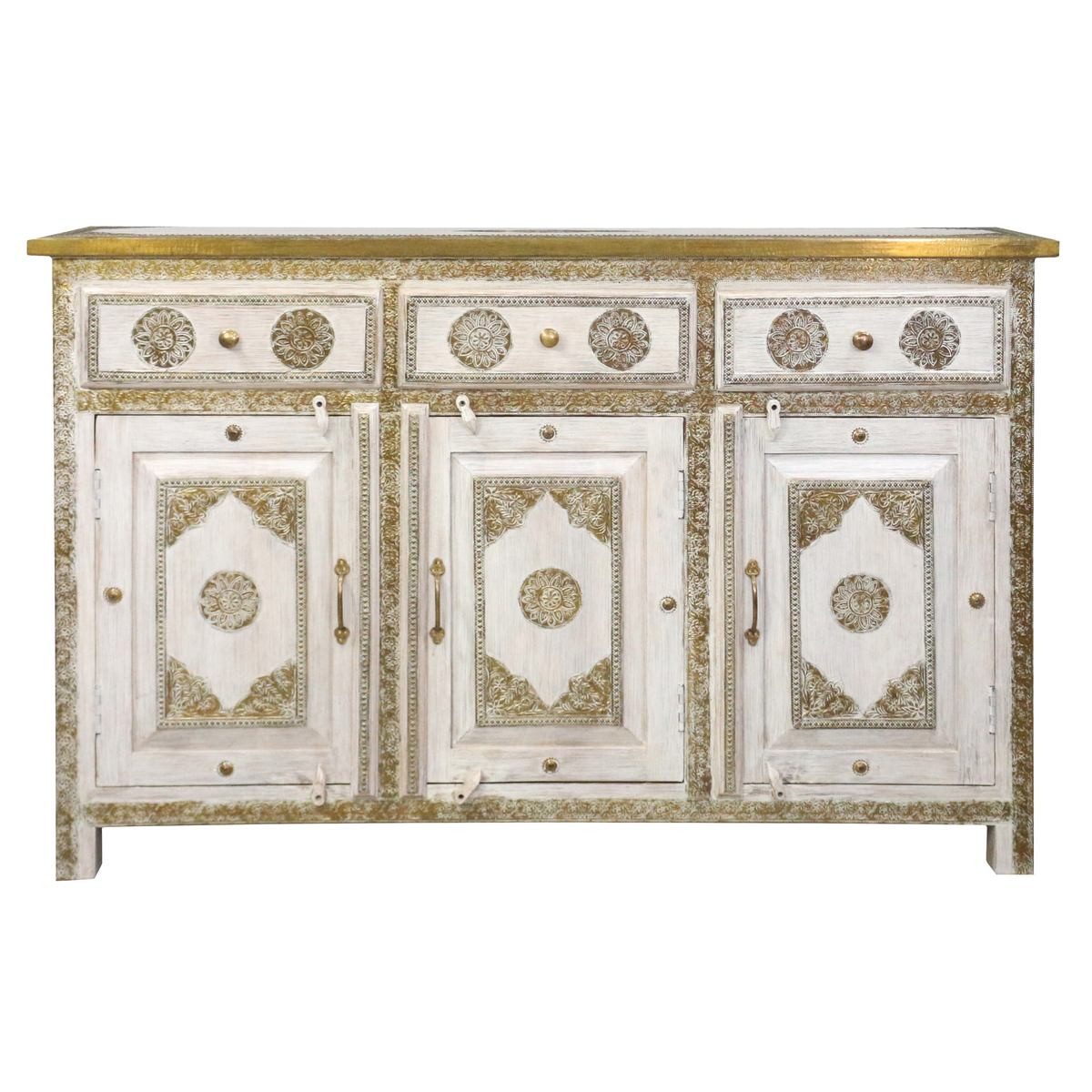 Oriental Galerie Unterschrank Weiß Gold Sideboard Vimal Indien 140 cm Kommode, Antik Orientalisch, Messingverzierungen