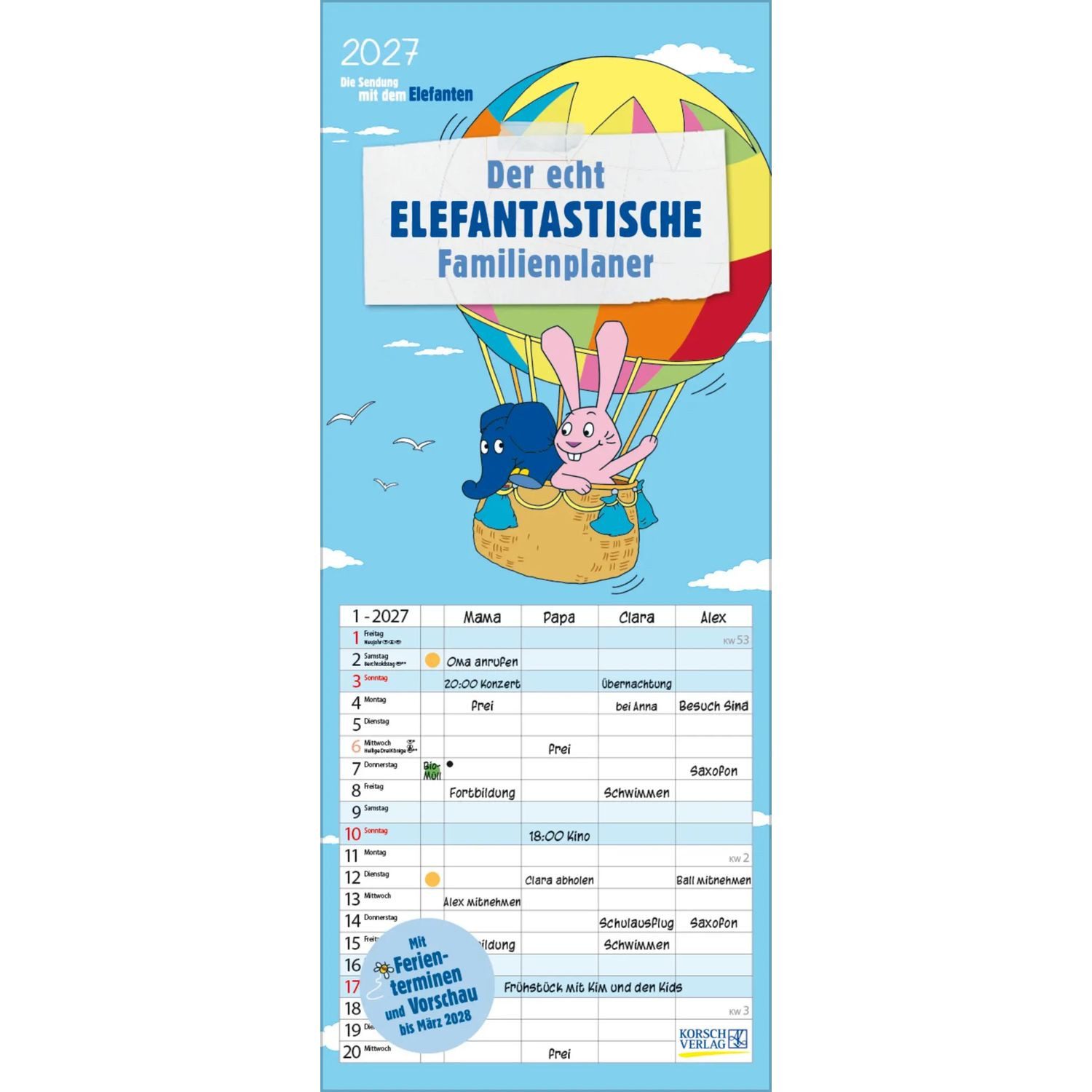 Korsch Verlag Familienkalender Der echt elefantastische Familienplaner 2027